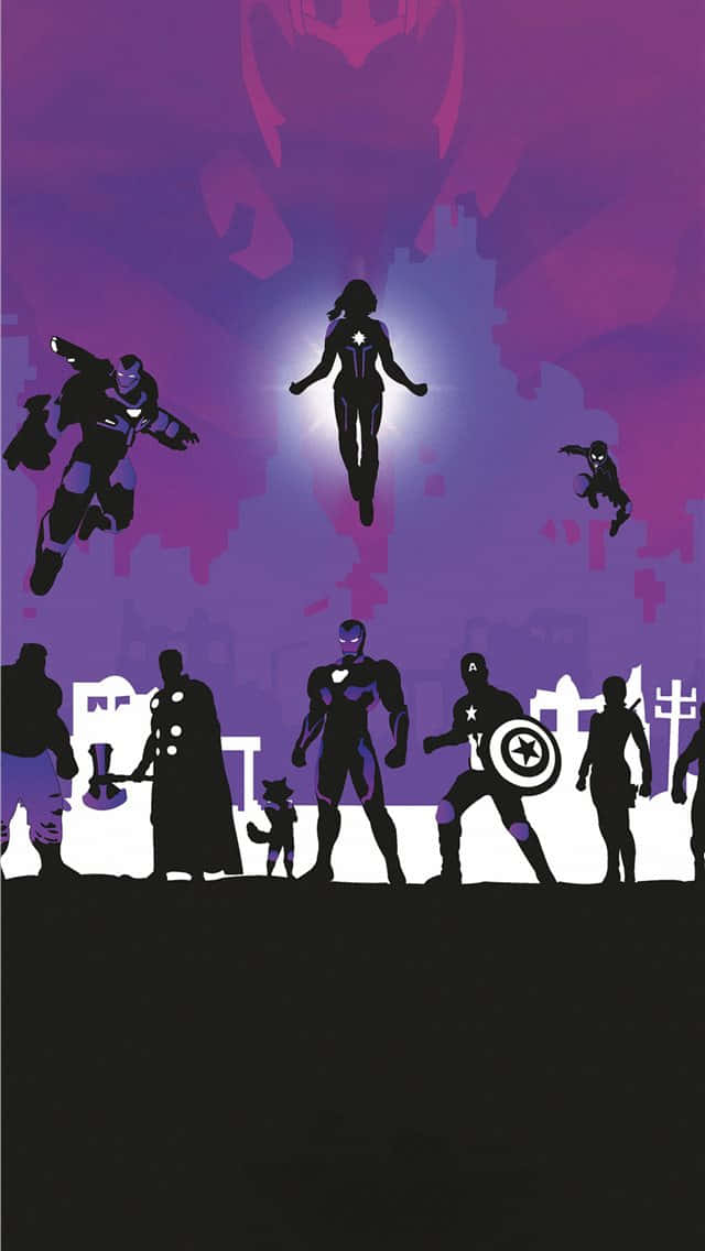Avengers Endgame iPhone 桌布 壁紙 — 剪影的超級英雄和反派站在充滿活力的紫色漸變天空前，帶有發光輪廓。