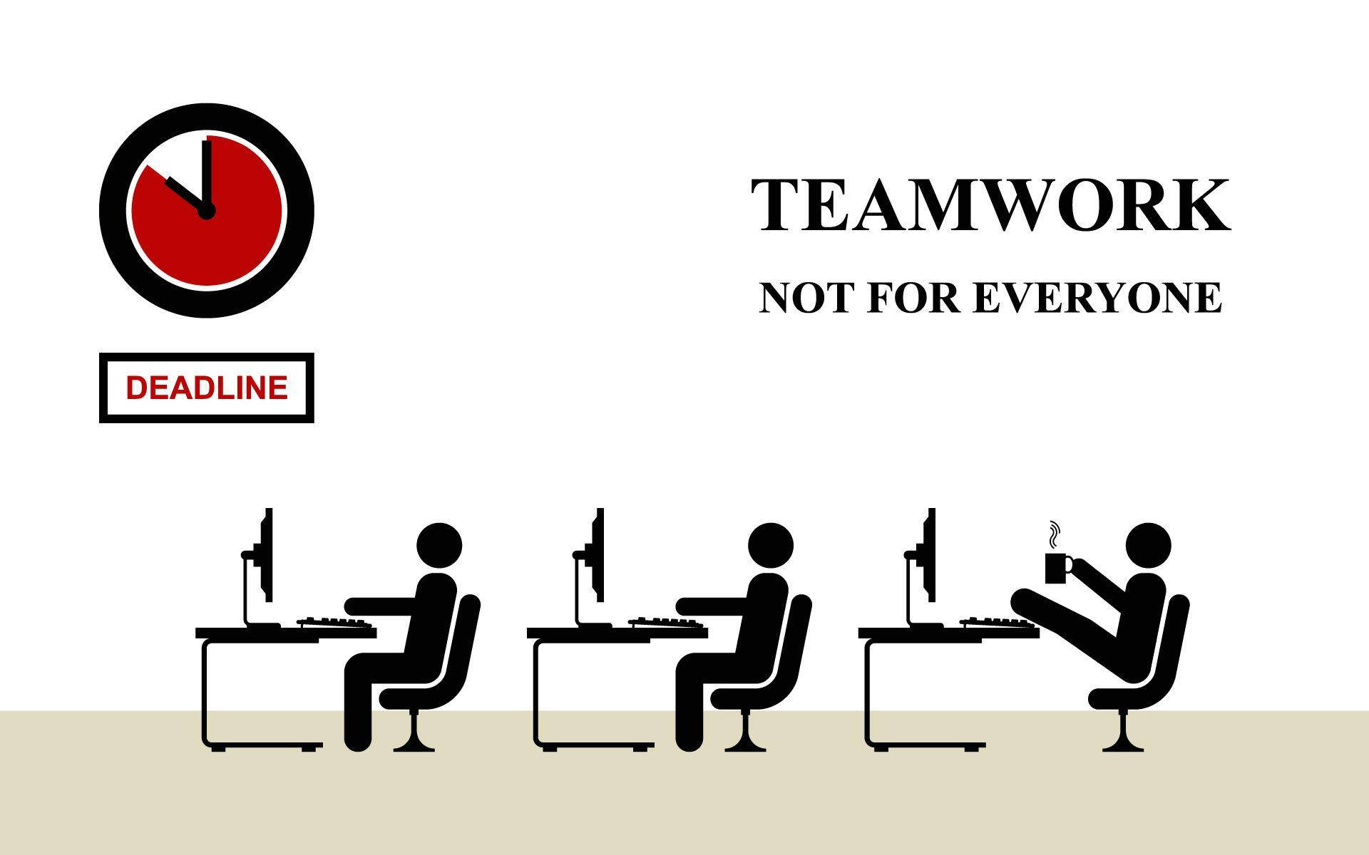 Teamwork 桌布 壁紙 — 剪影的辦公室員工在辦公桌前，一人懶散地喝咖啡，其他人在紅色截止時鐘下打字。