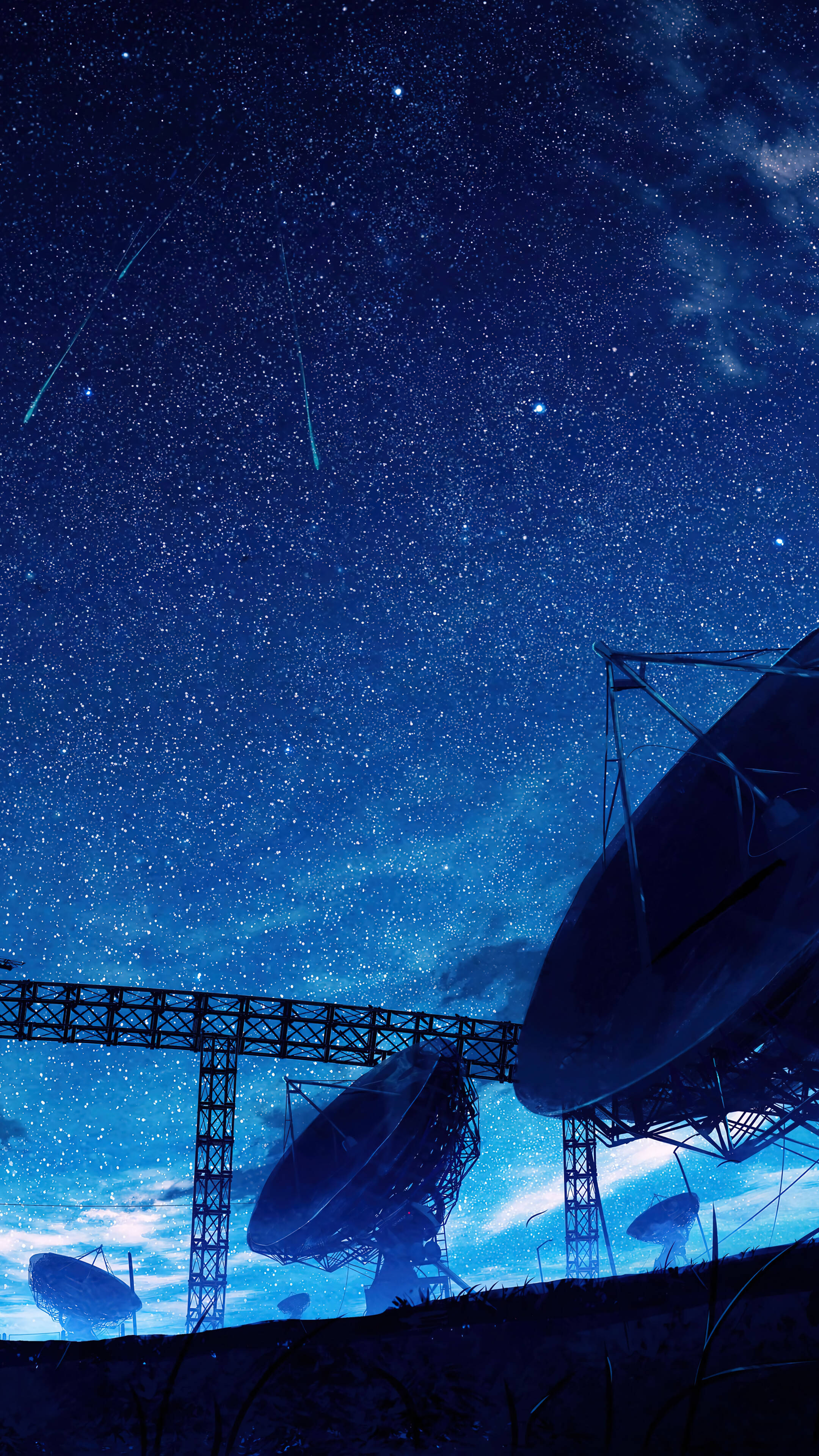 4K iPhone 11 桌布 壁紙 — 剪影的電波望遠鏡仰望佈滿流星和宇宙雲的星空夜空。