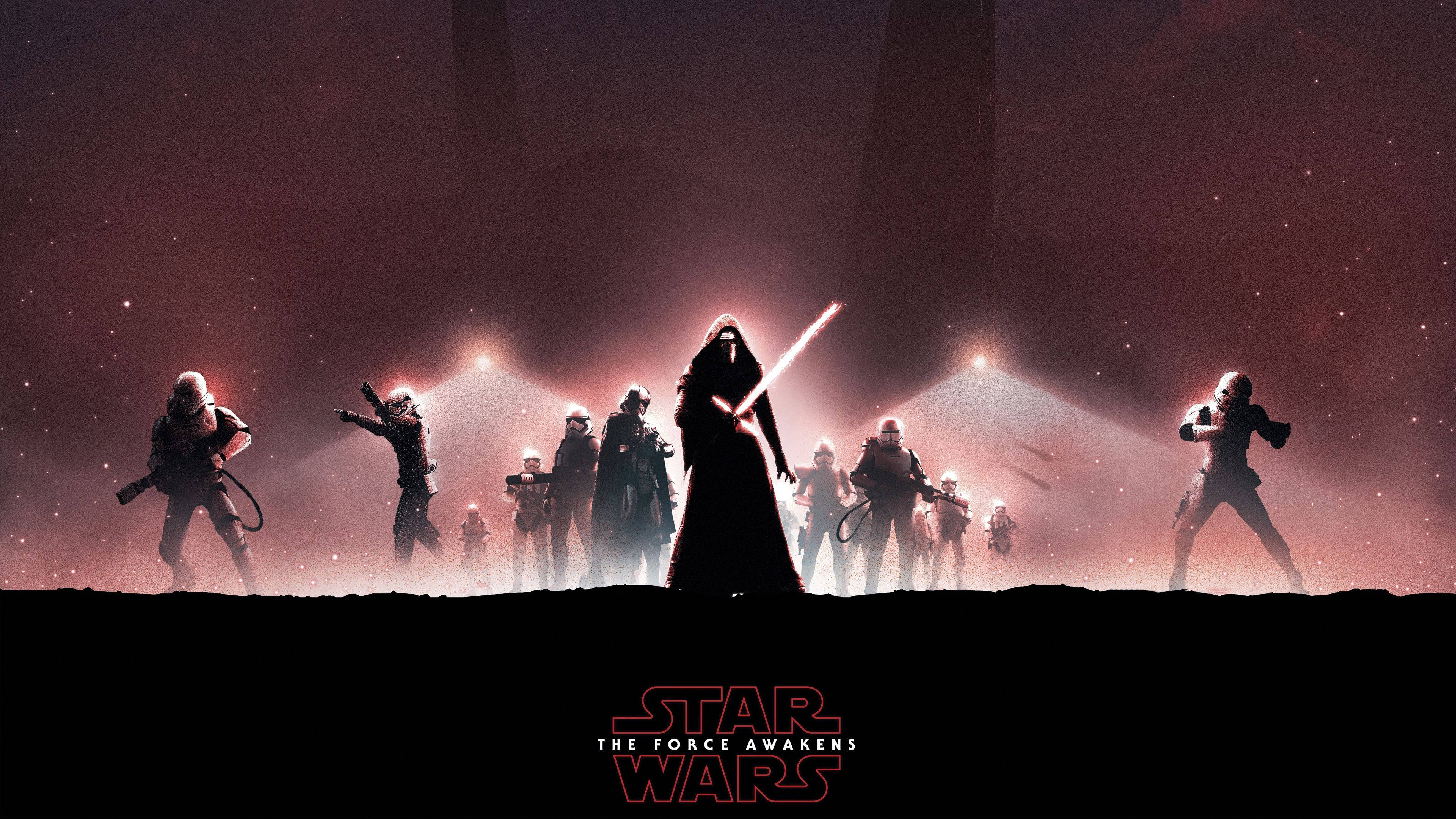 Kylo Ren 桌布 壁紙 — 剪影的風暴兵和一個手持紅色光劍的黑暗人物站在一個荒蕪的星球上，背景是繁星點點的深紅色天空。