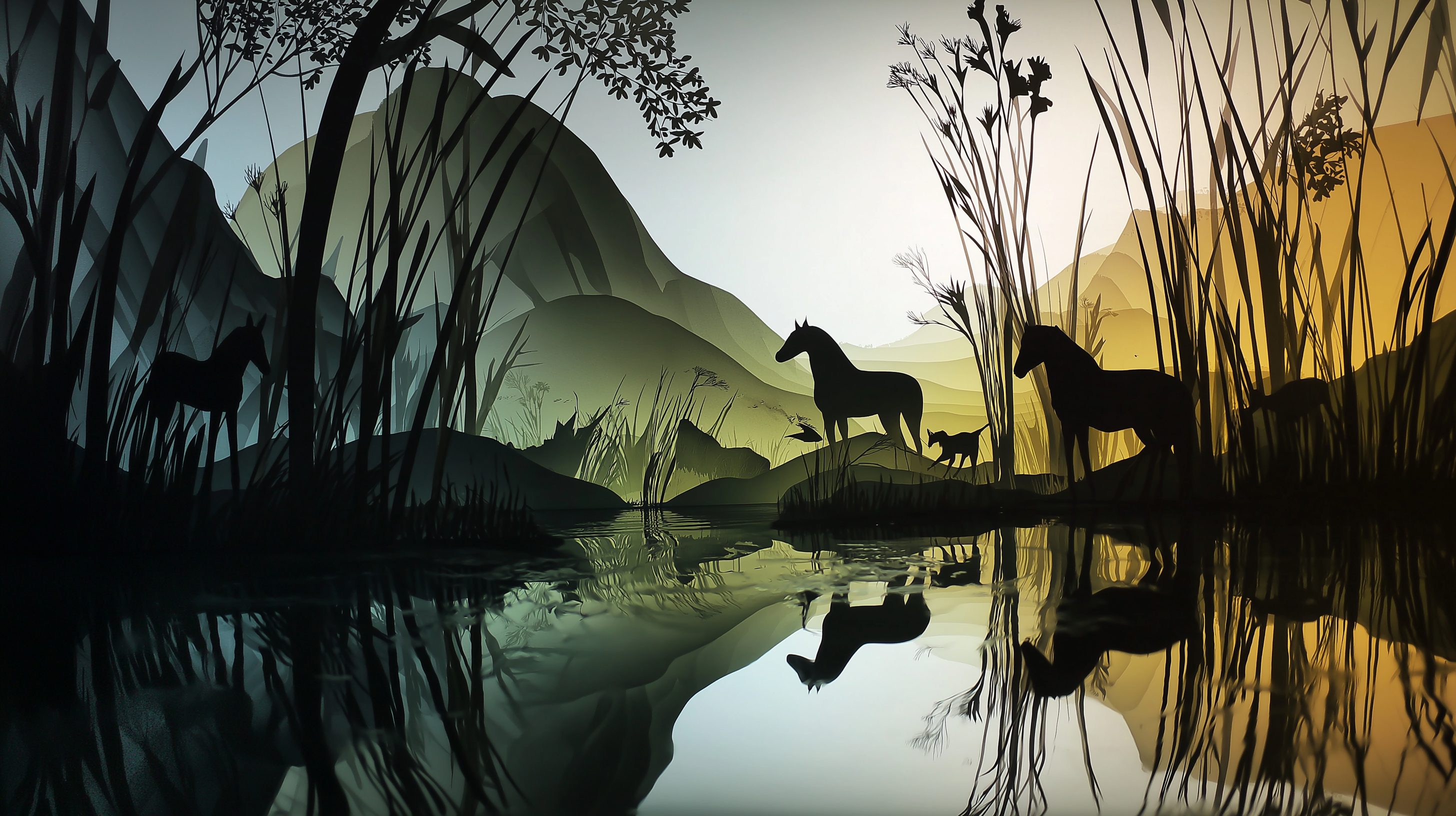 Creatures 桌布 壁紙 — 剪影的馬匹和蘆葦在平靜的水面上倒映，背景是層疊的山峰，正值黃金時刻。