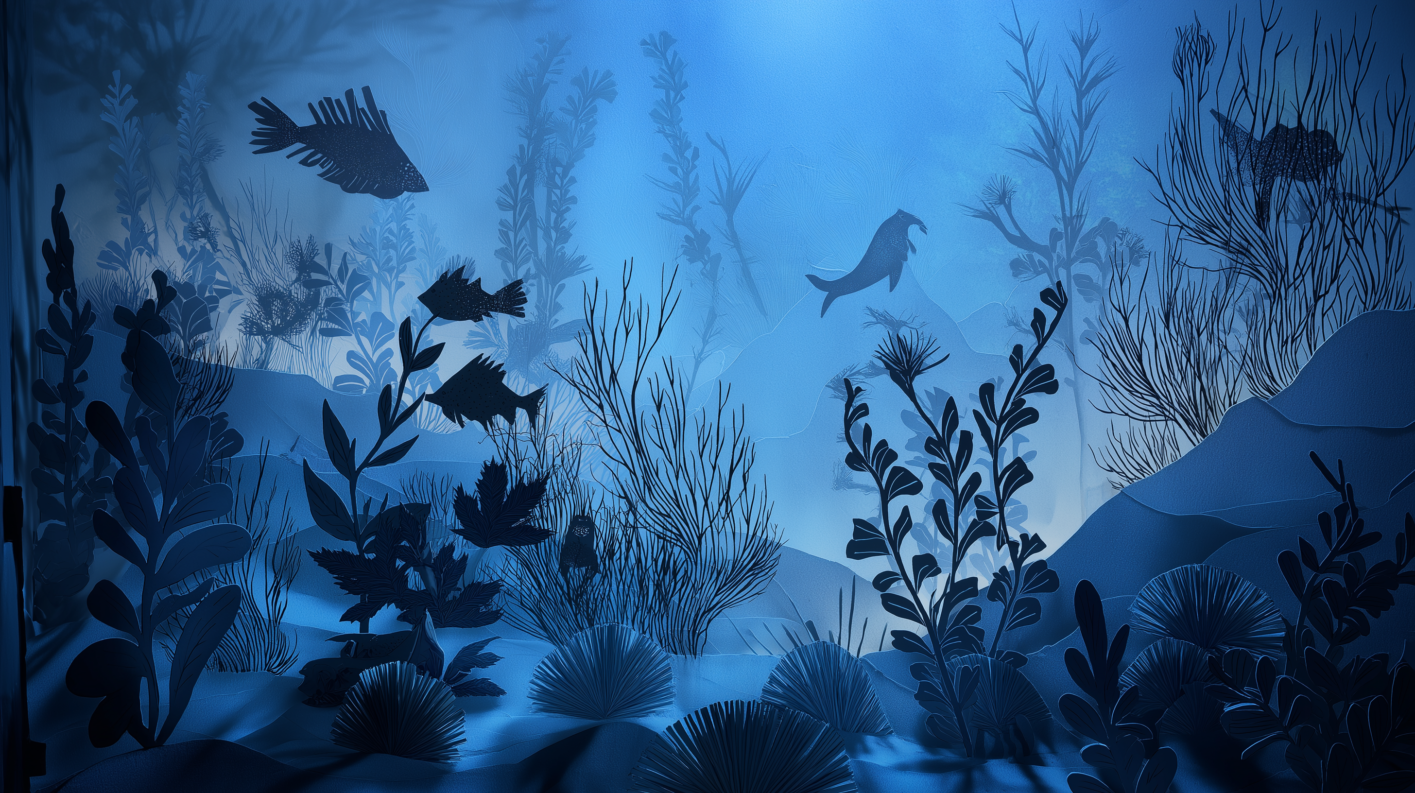 Marine Life 桌布 壁紙 — 剪影的魚和海藻在深藍色水下場景中漂浮，帶有分層紙藝紋理。