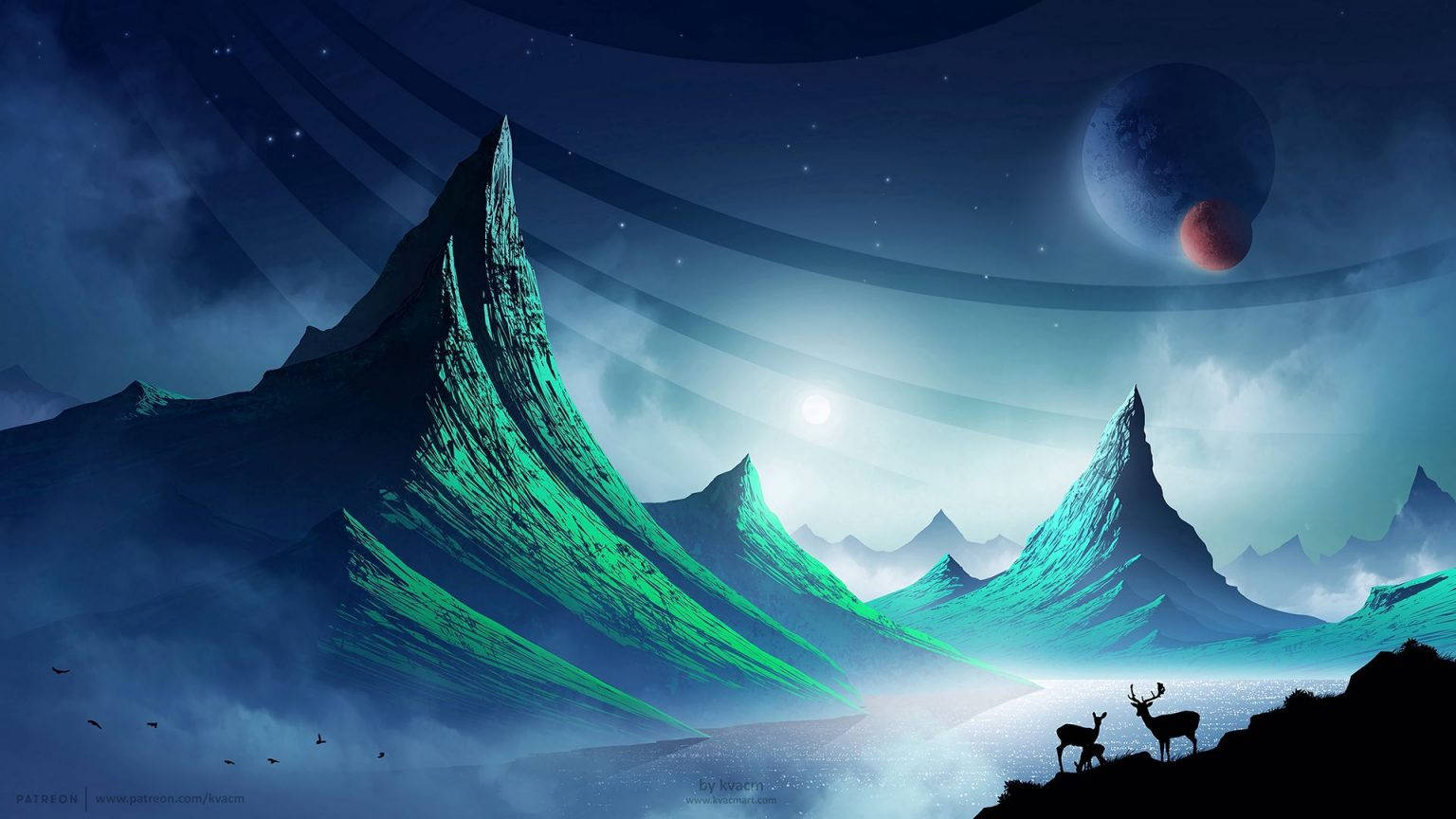 風景 桌布 壁紙 — 剪影的鹿凝視著發光的綠色山脈，在一個有浮動行星的星空外星天空下。