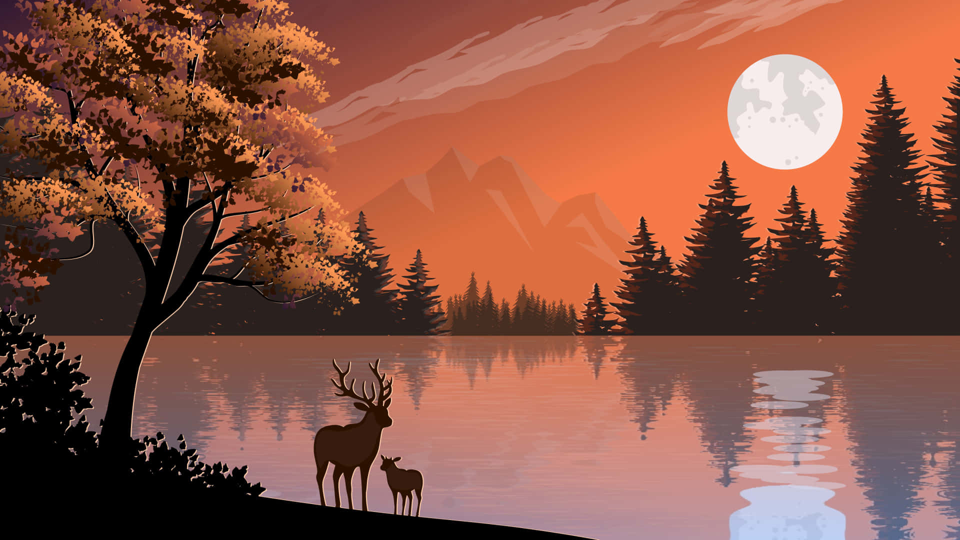 Deer Desktop 桌布 壁紙 — 剪影的鹿站在寧靜的湖邊，在黃昏時分，滿月升起在秋天的樹木和遠山之上。