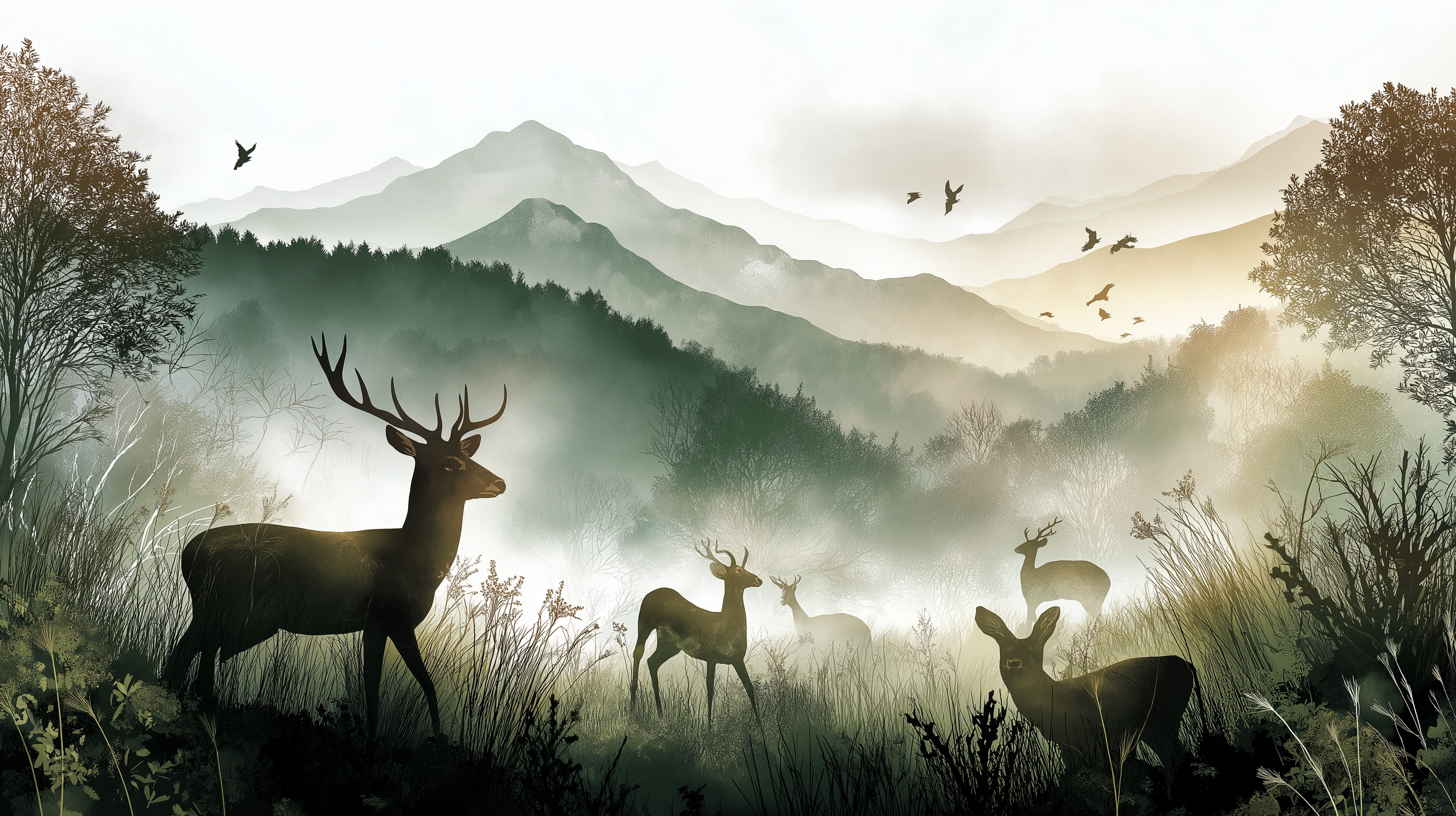 Creatures 桌布 壁紙 — 剪影的鹿站在霧氣瀰漫的草地上，面前是層疊的山巒，鳥兒在柔和的金色晨光中飛翔。