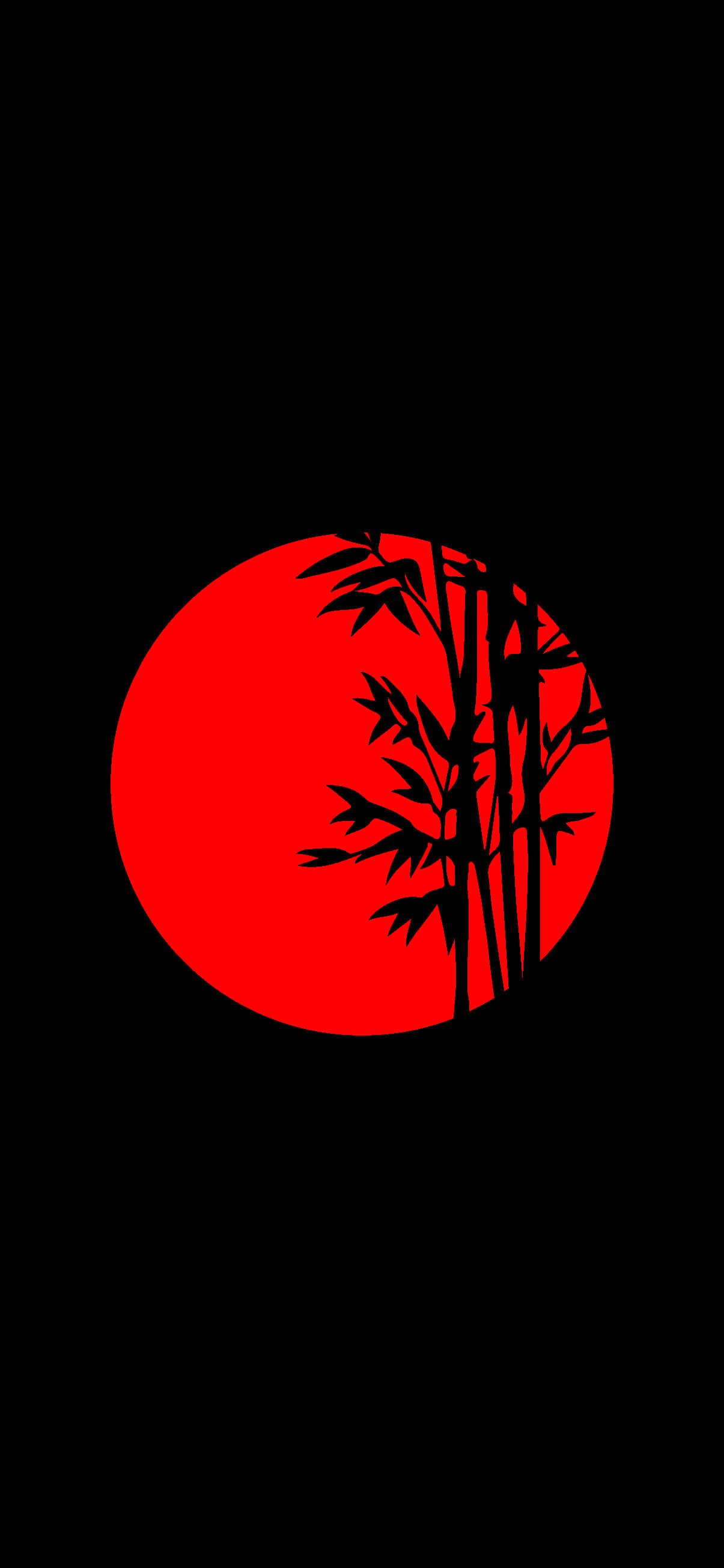 Red Japanese 桌布 壁紙 — 剪影竹莖框住一個大膽的紅色圓形太陽，背景為純黑色。