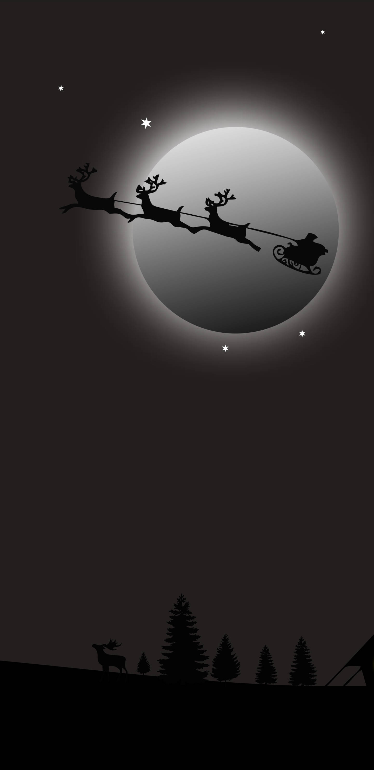 Black Christmas 桌布 壁紙 — 剪影聖誕老人雪橇由馴鹿拉著，在夜晚飛過雪覆蓋的森林上方一輪發光的月亮。
