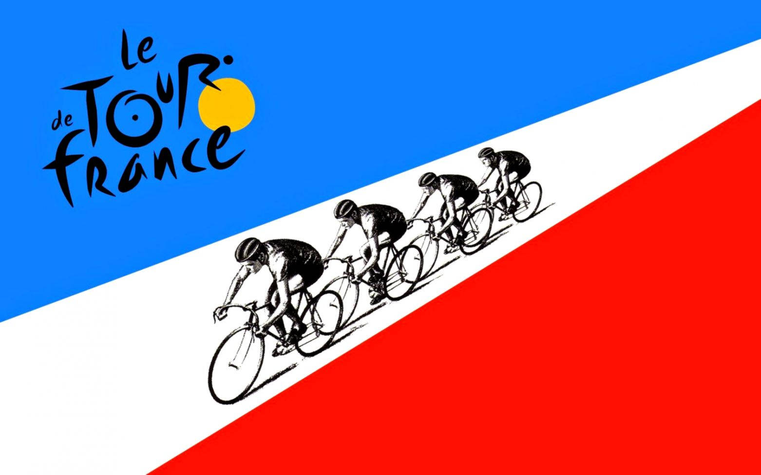 Tour 桌布 壁紙 — 剪影自行車手在 Le Tour de France 標誌下，斜向穿越大膽的法國三色背景。