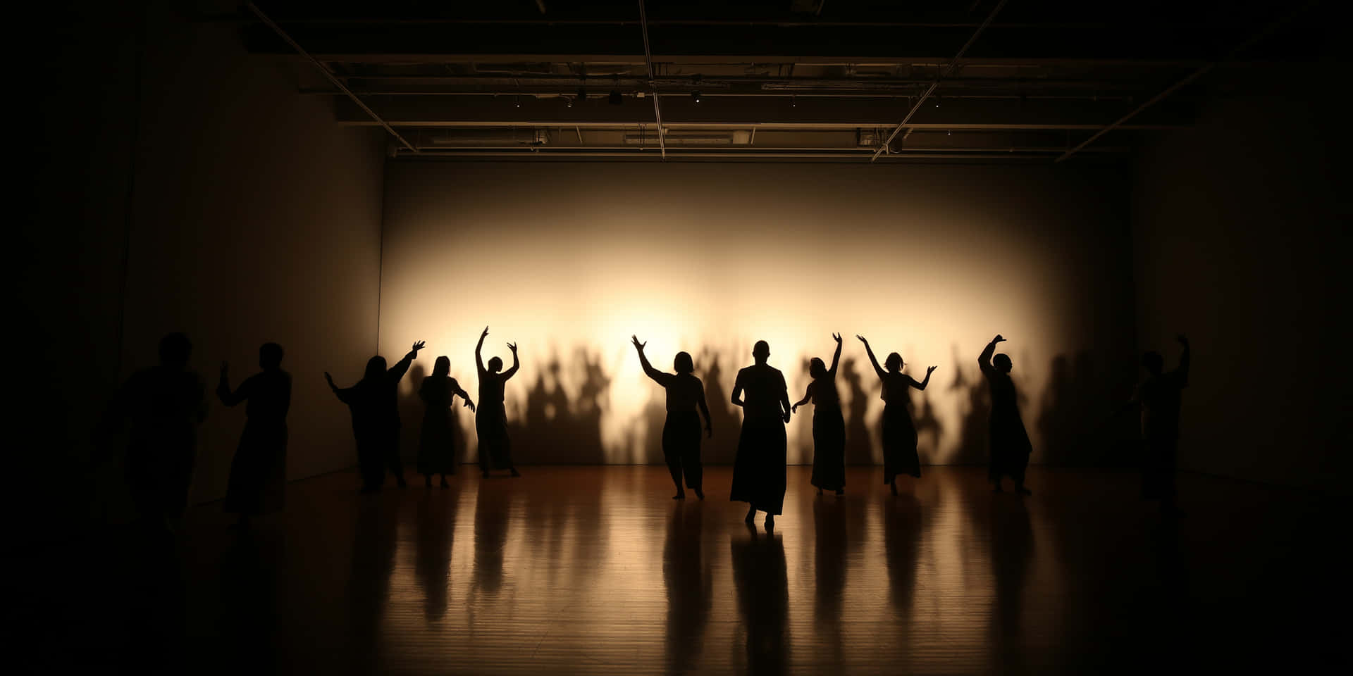 Shadows in Motion 壁紙 — 剪影舞者在昏暗的攝影棚中，對著發光的背光牆擺出富有表現力的姿勢。
