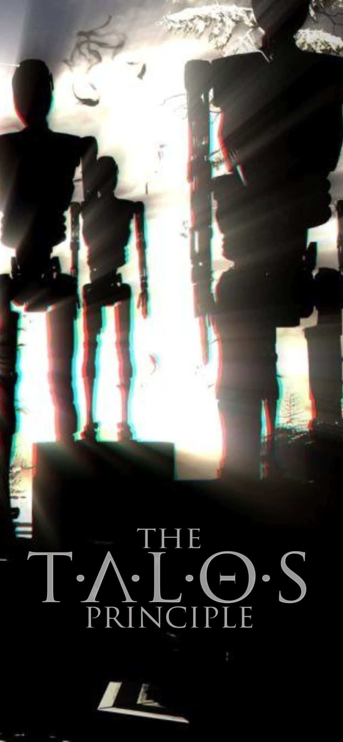iPhone Xs The Talos Principle 桌布 壁紙 — 剪影般的人形人物站在明亮發光的背景前，帶有故障效果的紅色和青色色邊。