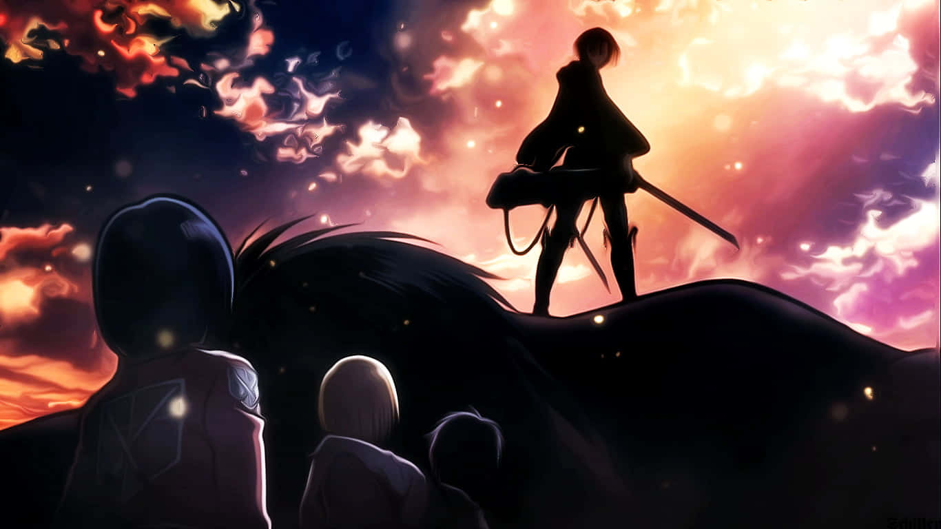Attack On Titan Season 1 桌布 壁紙 — 剪影般的動漫人物仰望站在山丘上、背景是熾熱夕陽天空的孤獨戰士。