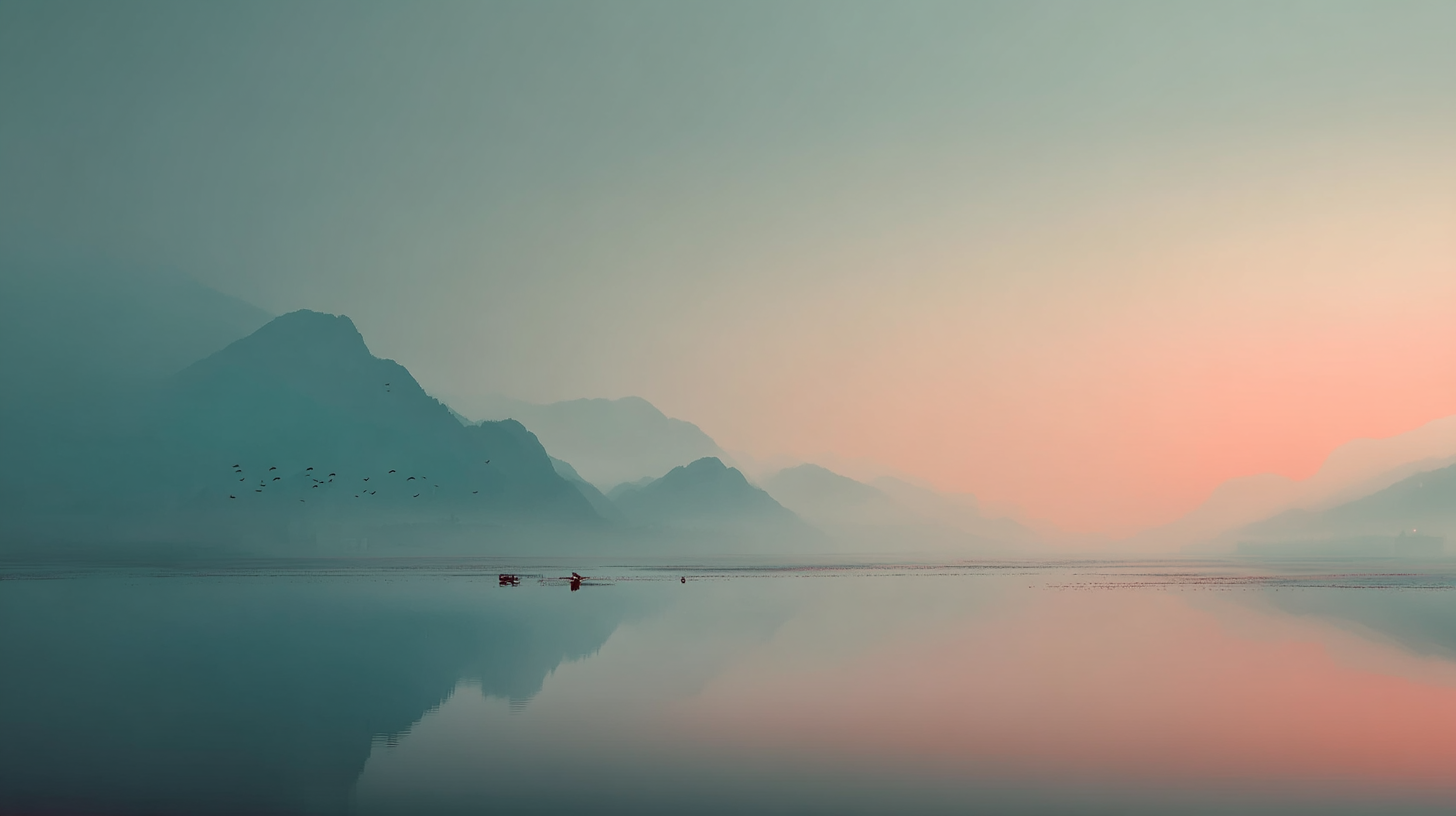 Calm Aesthetic 桌布 壁紙 — 剪影般的山巒在薄霧中漸漸淡出，黎明將天空染成粉紅色，平靜的湖面倒映著這一幕，有兩艘小船和鳥兒在頭頂飛翔。