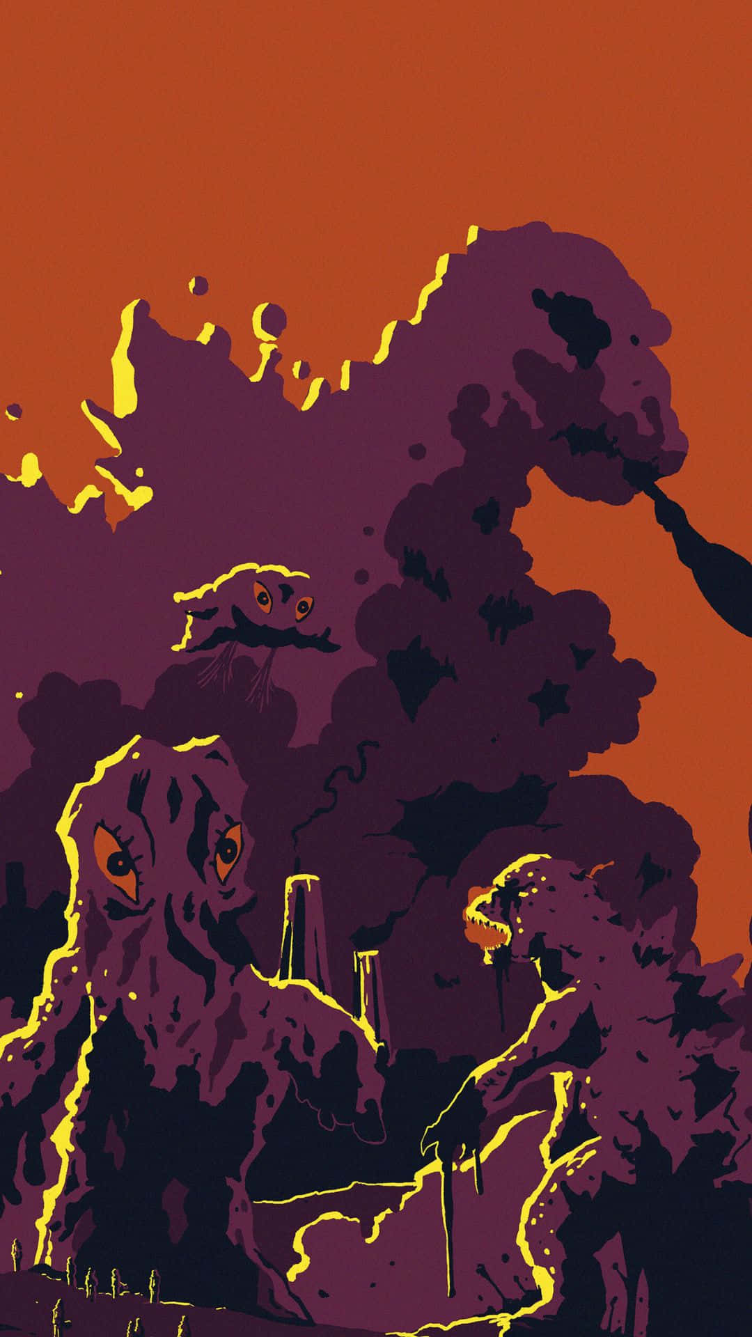 Godzilla Vs Hedorah 桌布 壁紙 — 剪影般的怪獸生物，眼睛發光，從黑煙中浮現，背景是火紅的橙色天空。
