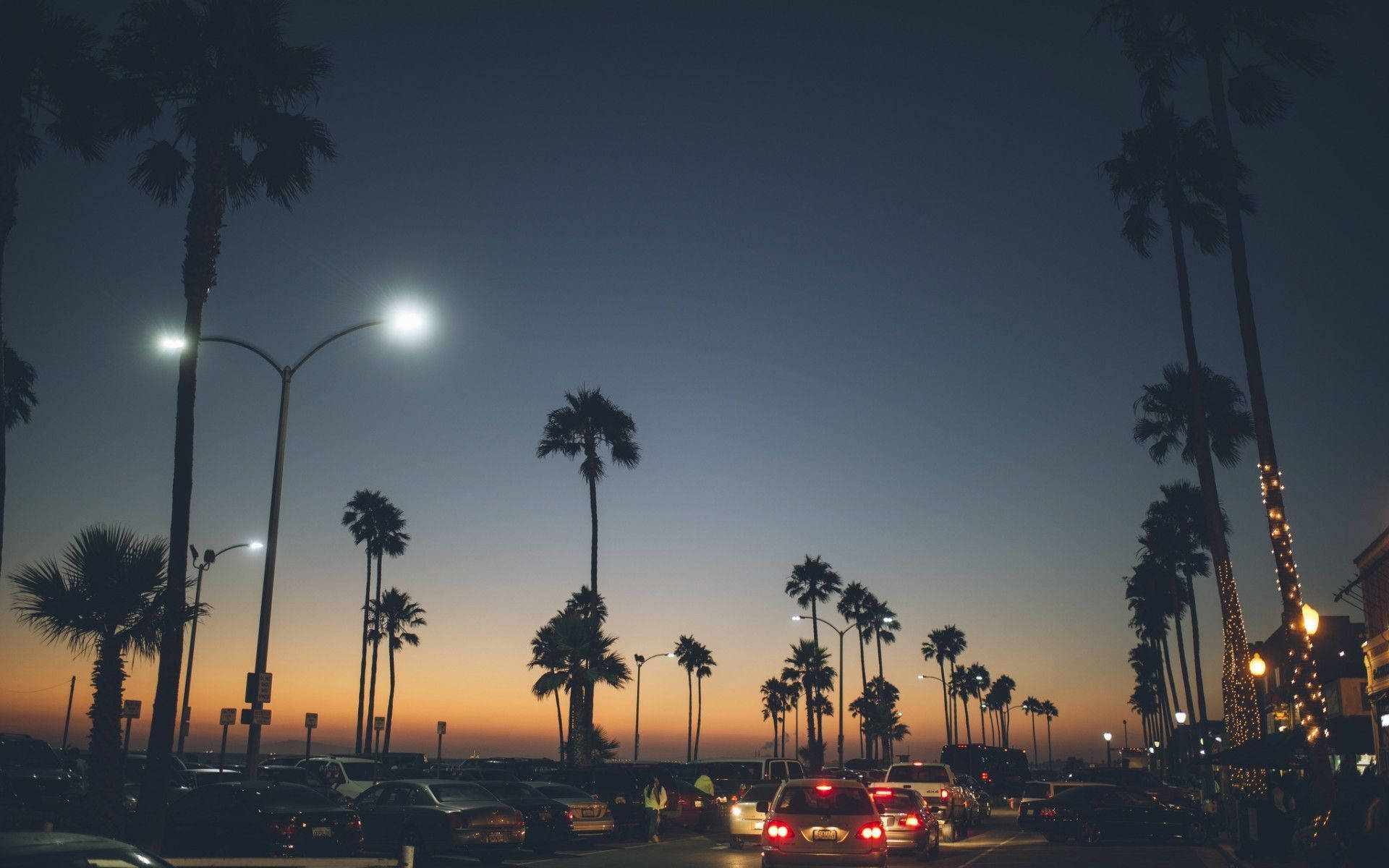 Tumblr Sunset Desktop 桌布 壁紙 — 剪影般的棕櫚樹排列在繁忙的街道上，暮色將天空染成溫暖的橙色和深藍色調。
