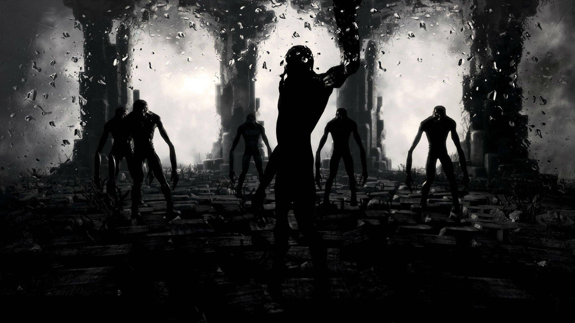 4K Metro 2033 桌布 壁紙 — 剪影般的殭屍在破碎的玻璃天花板下穿過搖搖欲墜的廢墟，背後有明亮的光線。