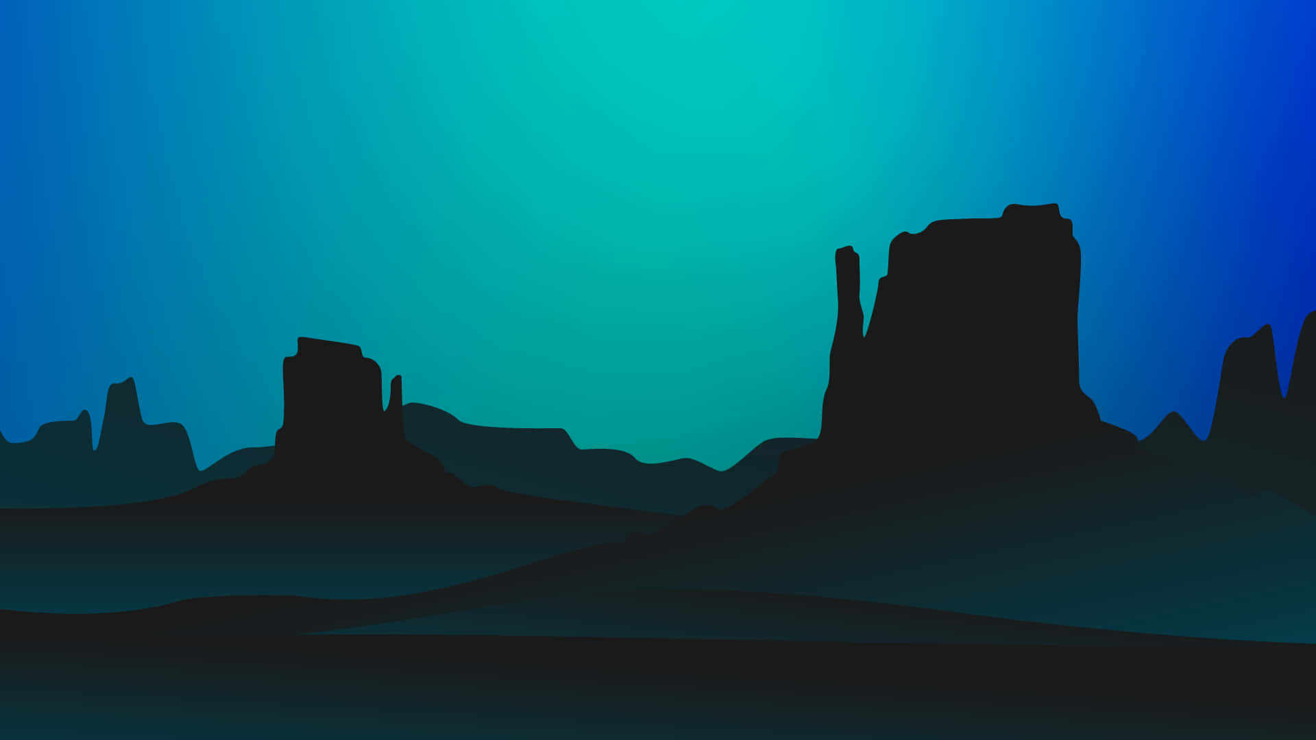 Minimalist Blue 桌布 壁紙 — 剪影般的沙漠孤峰在極簡數位景觀中，映襯著藍綠色到藍色的漸變天空。