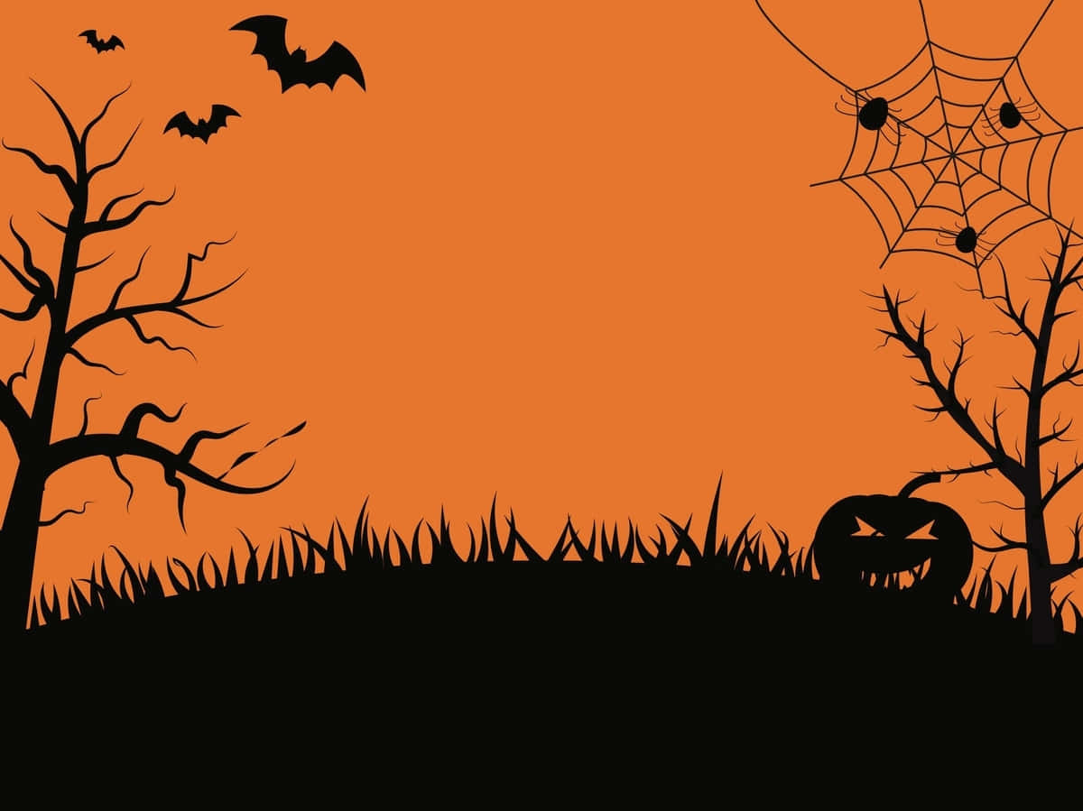 Halloween Desktop 桌布 壁紙 — 剪影蝙蝠、蜘蛛和南瓜燈籠，襯托著充滿活力的橙色萬聖節天空。