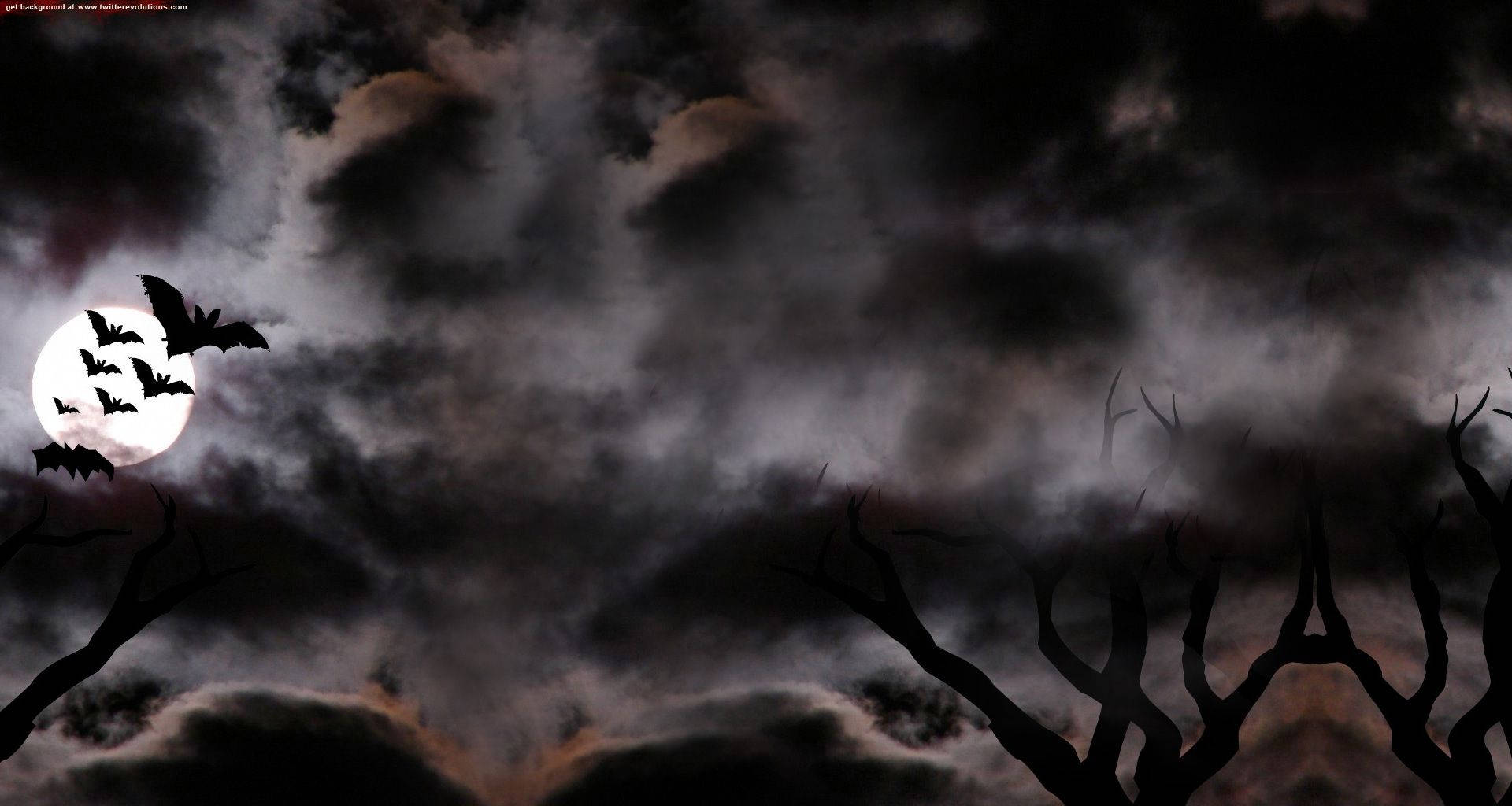 Dark Halloween 桌布 壁紙 — 剪影蝙蝠在發光的滿月周圍飛翔，背景是暴風雨的夜空和光禿扭曲的樹木。