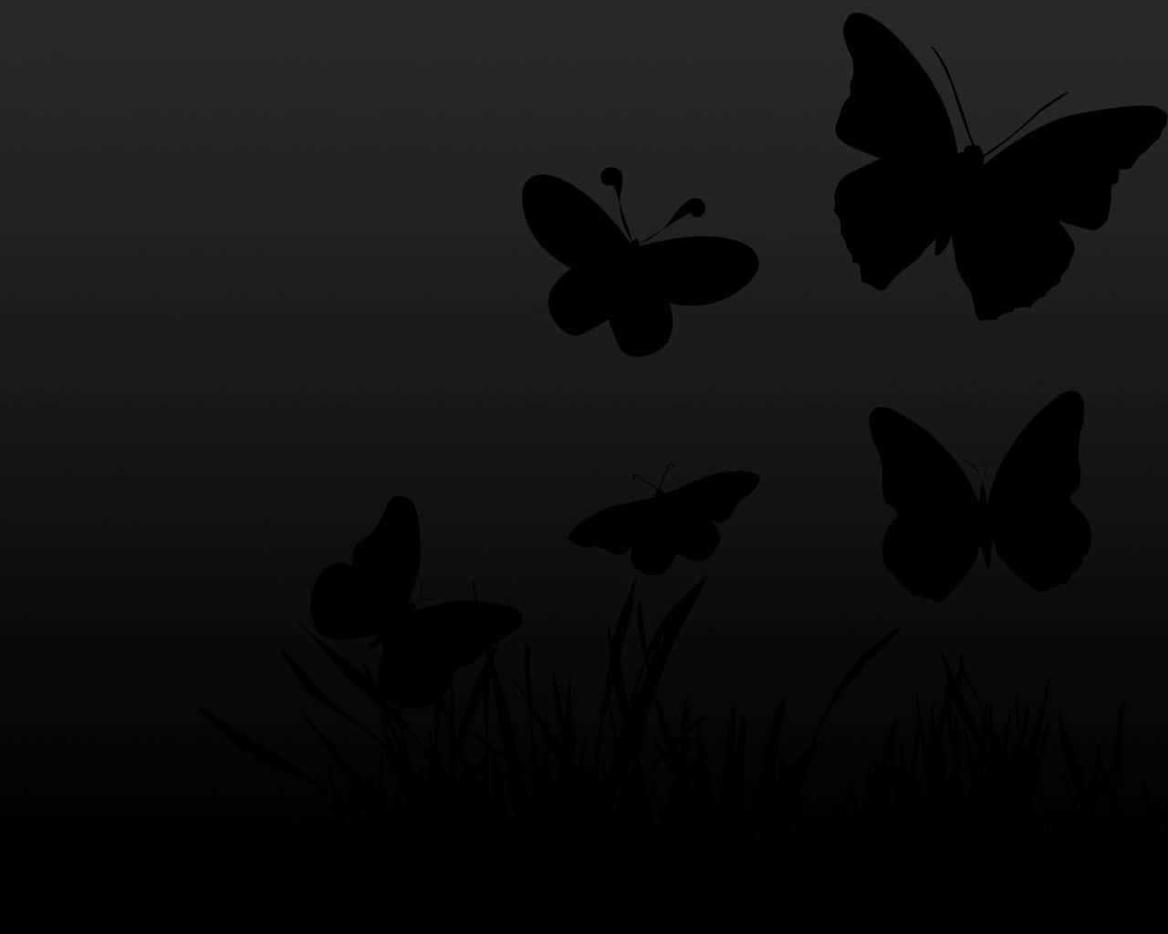 Dark Butterfly 桌布 壁紙 — 剪影蝴蝶在漸變深灰色背景上方的草地上翩翩起舞。