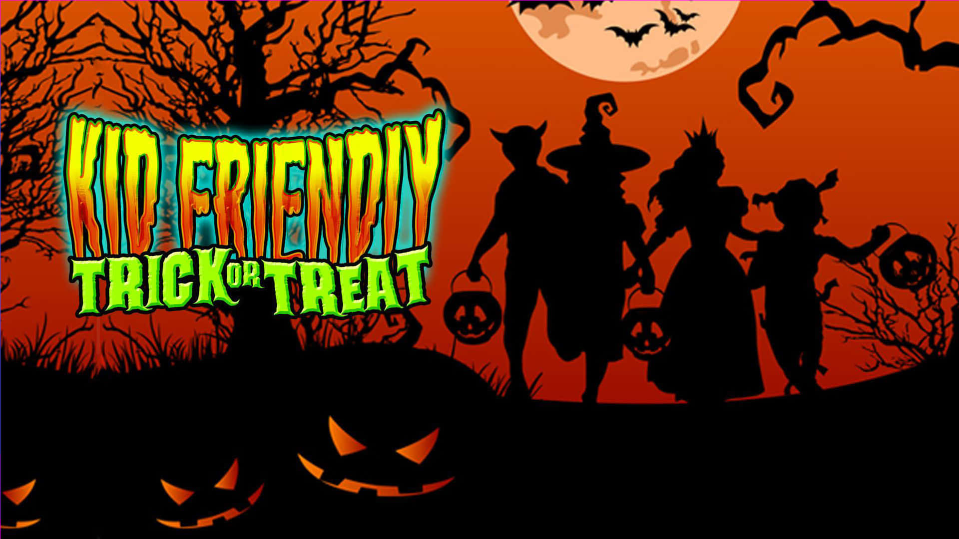 Trick Or Treat 桌布 壁紙 — 剪影裝扮的小孩在滿月下行走，伴隨著發光的南瓜燈和光禿的樹木，背景是橙色的天空。