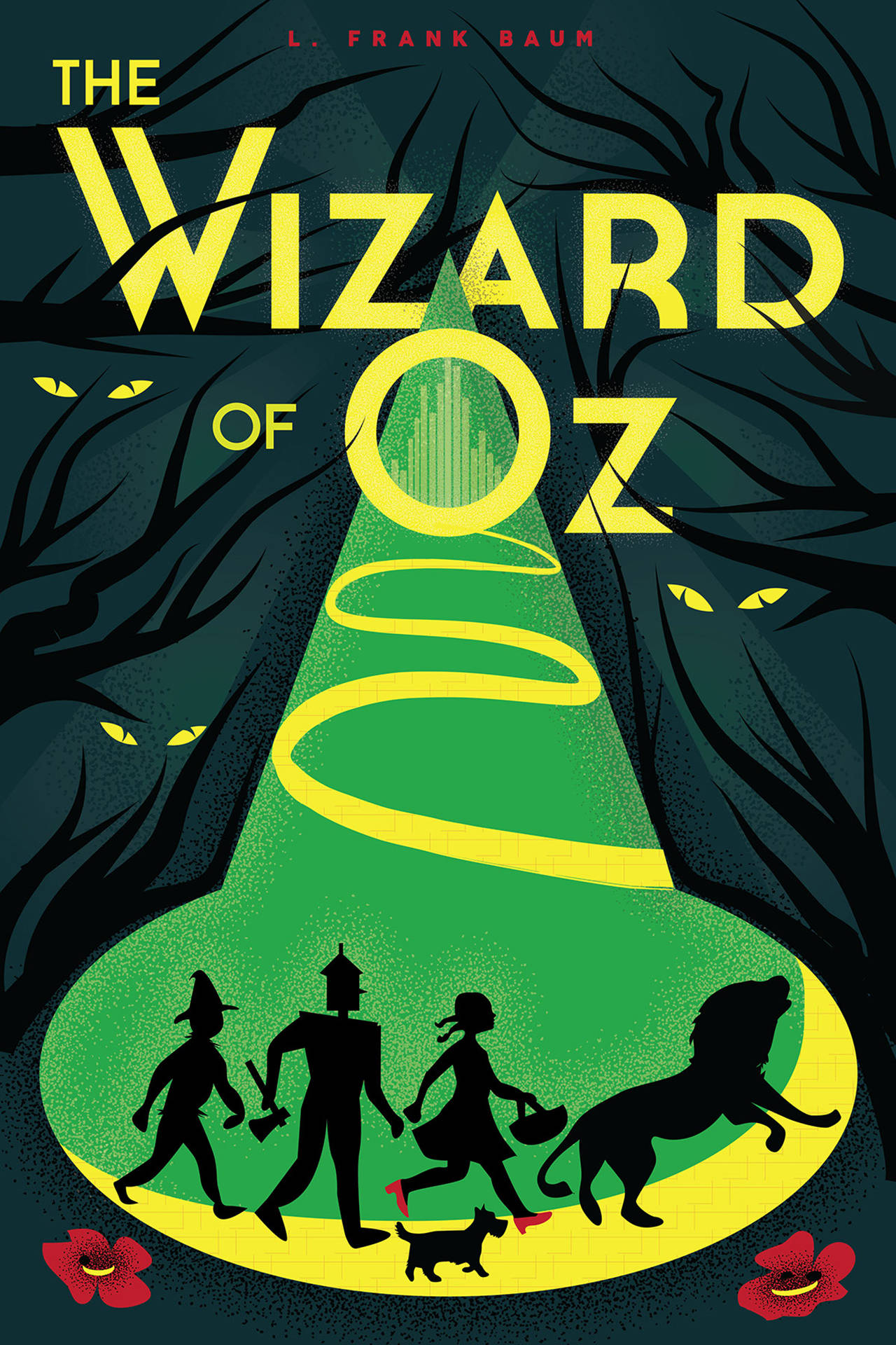 wizard 桌布 壁紙 — 剪影角色在黑暗森林下，沿著發光的黃磚路行走，森林中有發光的眼睛。