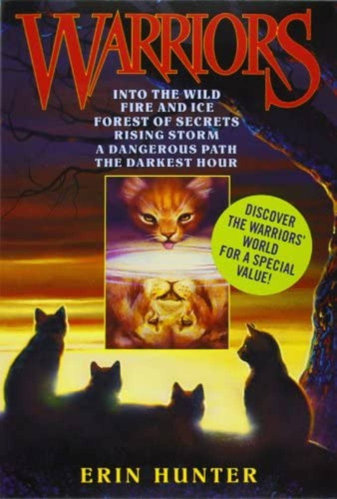 Warrior Cats 桌布 壁紙 — 剪影貓咪凝視著水中反射的發光貓臉，背景是火紅的日落天空。