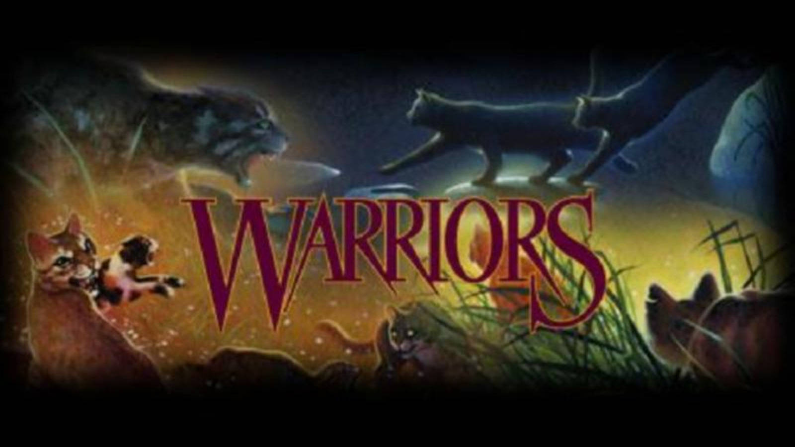 Cats 桌布 壁紙 — 剪影貓咪在黃昏時分跳過發光的森林，標題 Warriors 以粗體紅色字體發光。