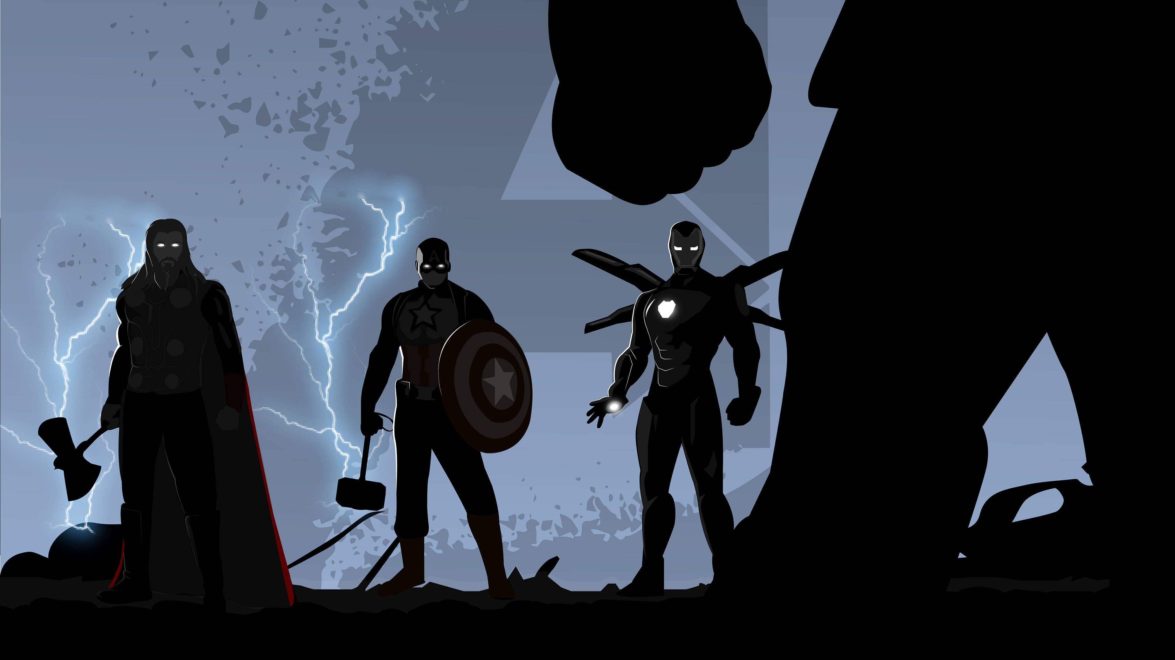Marvel Avengers 桌布 壁紙 — 剪影超級英雄在閃電和 looming 巨人身影的暴風雨背景下 defiant 地站立。