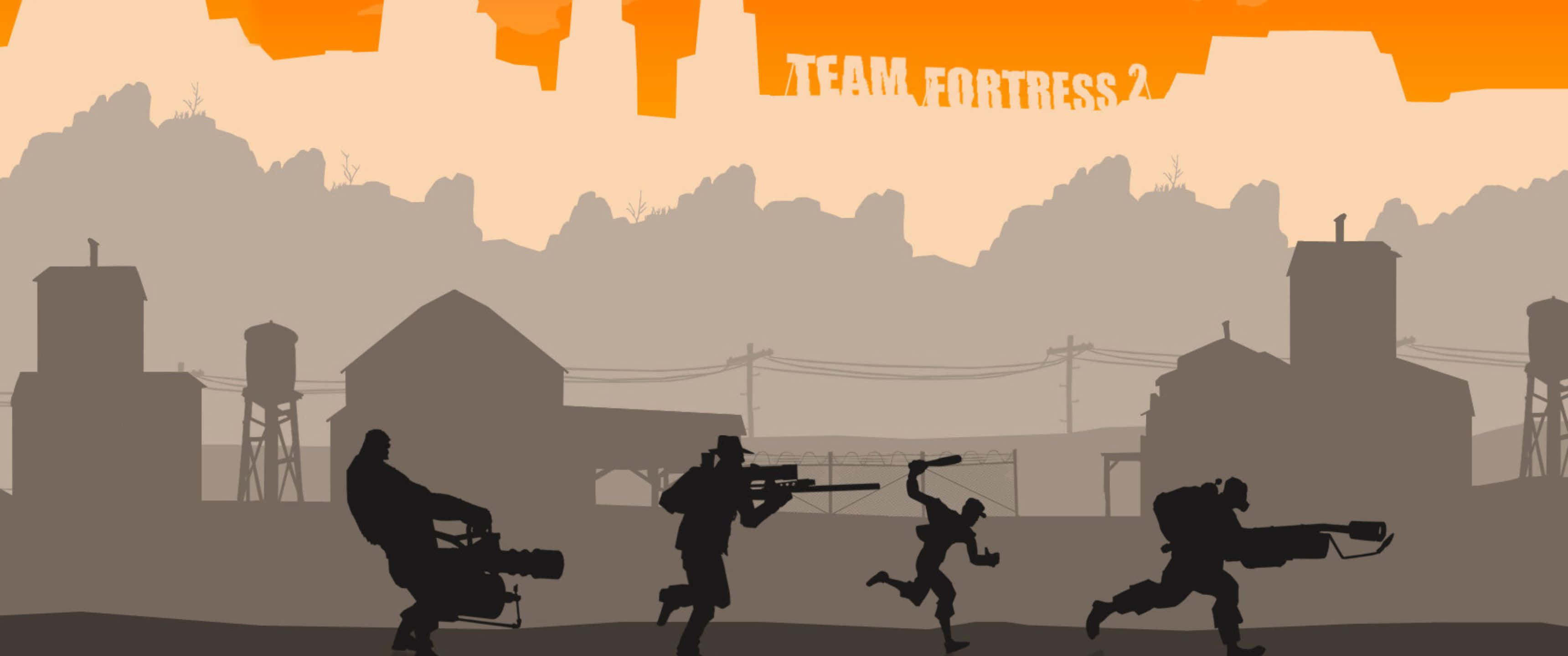 3440x1440p Tf2 桌布 壁紙 — 剪影風格的 Team Fortress 2 角色在橙色天空下穿過塵土飛揚的工業小鎮。