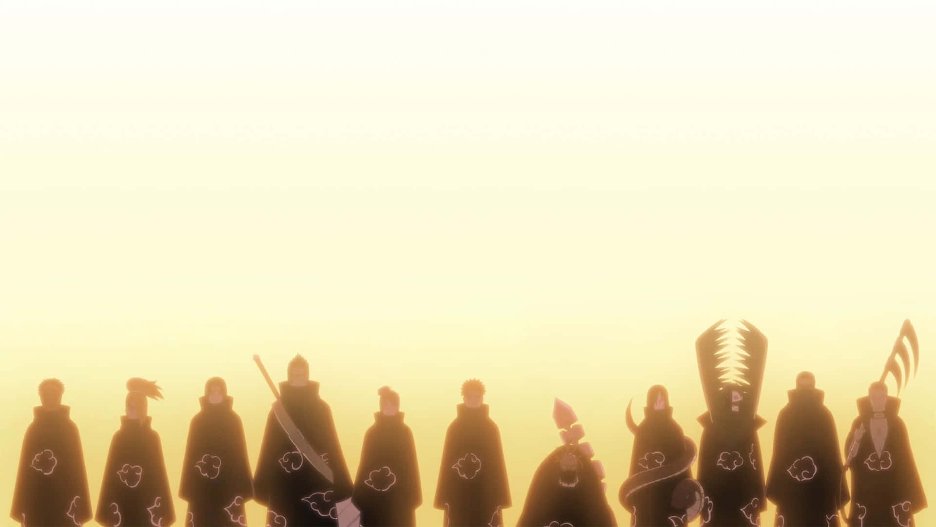 Akatsuki Members 桌布 壁紙 — 剪影風格的動畫人物身穿黑色斗篷，在日落時分排成一排，映襯著閃耀的金色天空。