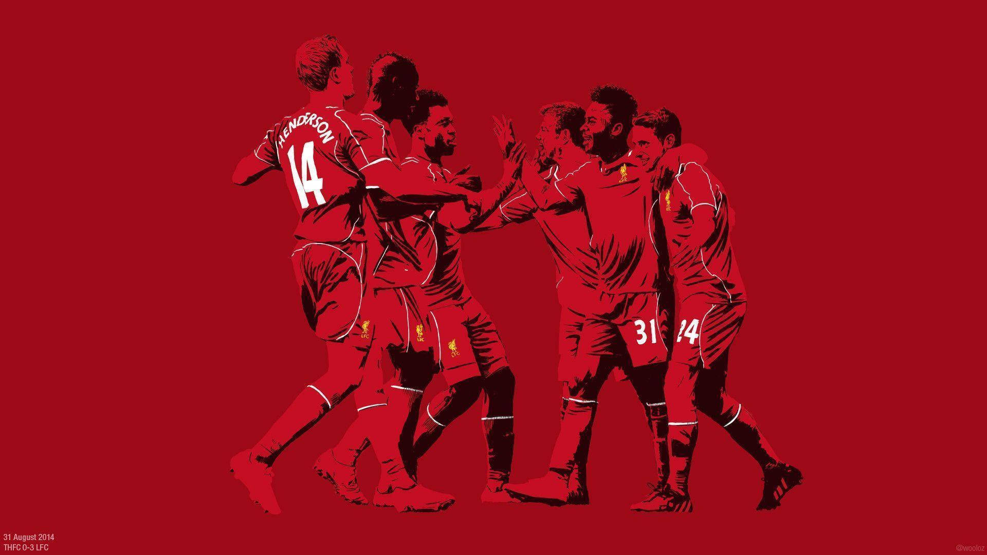 Liverpool Fc 桌布 壁紙 — 剪影風格的足球運動員身穿紅色球衣，在純紅色背景前慶祝進球。