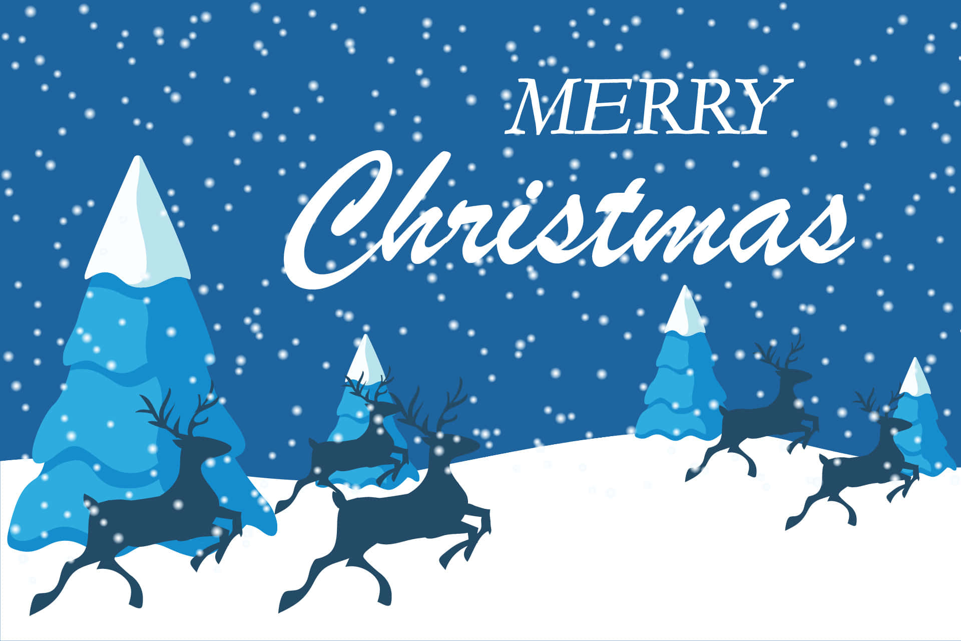 Snow Christmas 桌布 壁紙 — 剪影馴鹿在飄雪中奔過雪地，經過藍色松樹，帶有「Merry Christmas」文字。