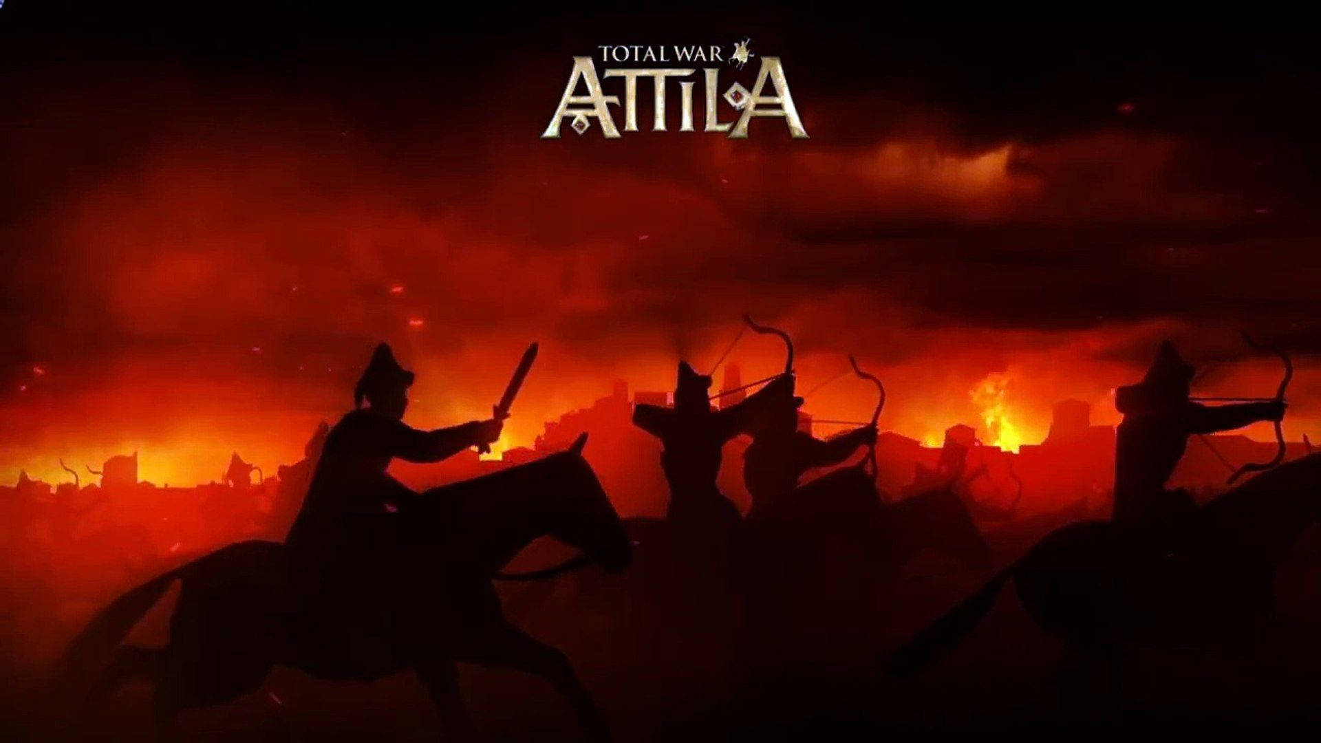 Attila 桌布 壁紙 — 剪影騎兵手持劍與弓，在煙霧瀰漫的天空下，向熾熱的橙紅色戰場衝鋒。