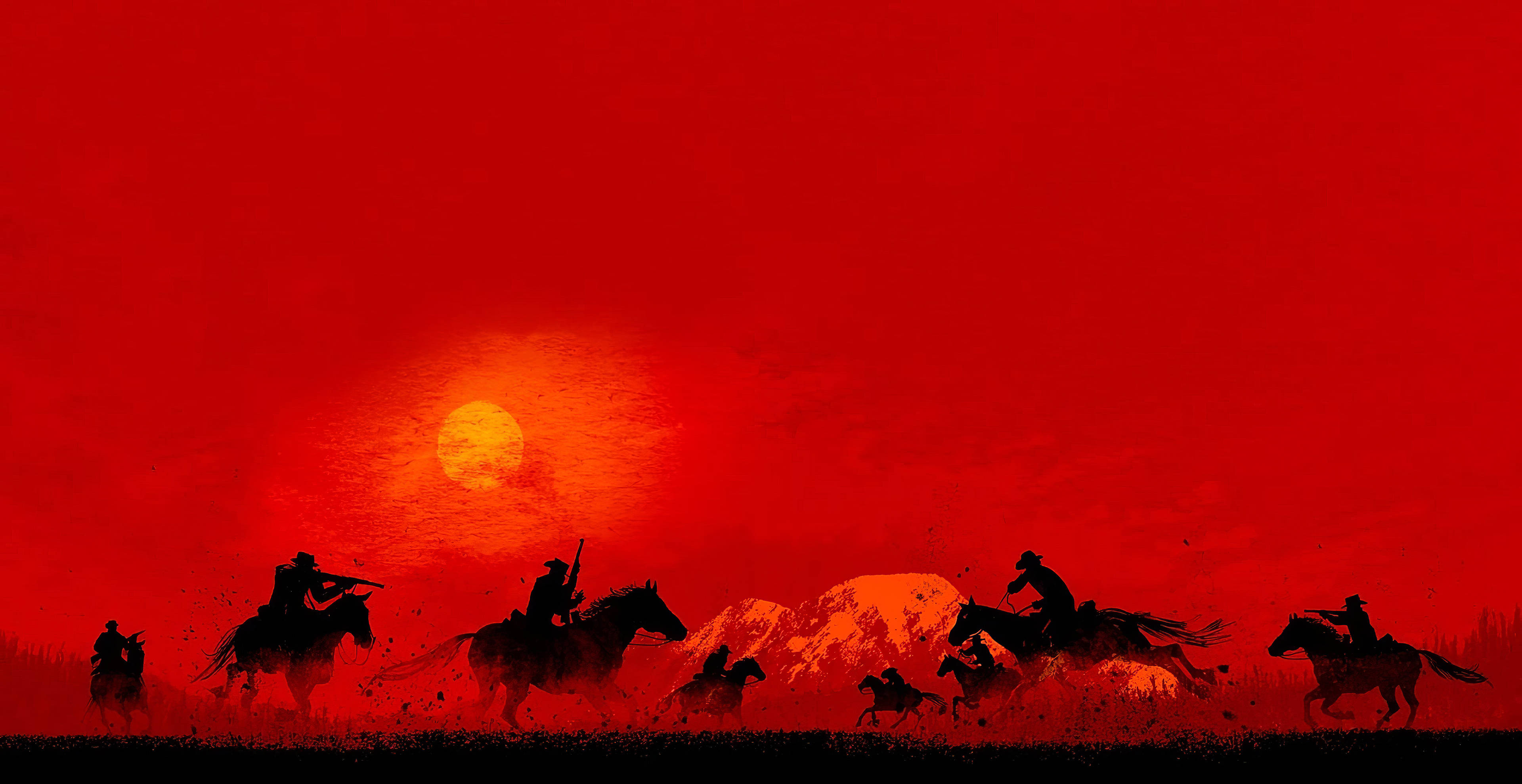 Red Dead Redemption 2 Desktop 桌布 壁紙 — 剪影騎士騎著馬奔馳過血紅色的日落，有發光的太陽和遠山。
