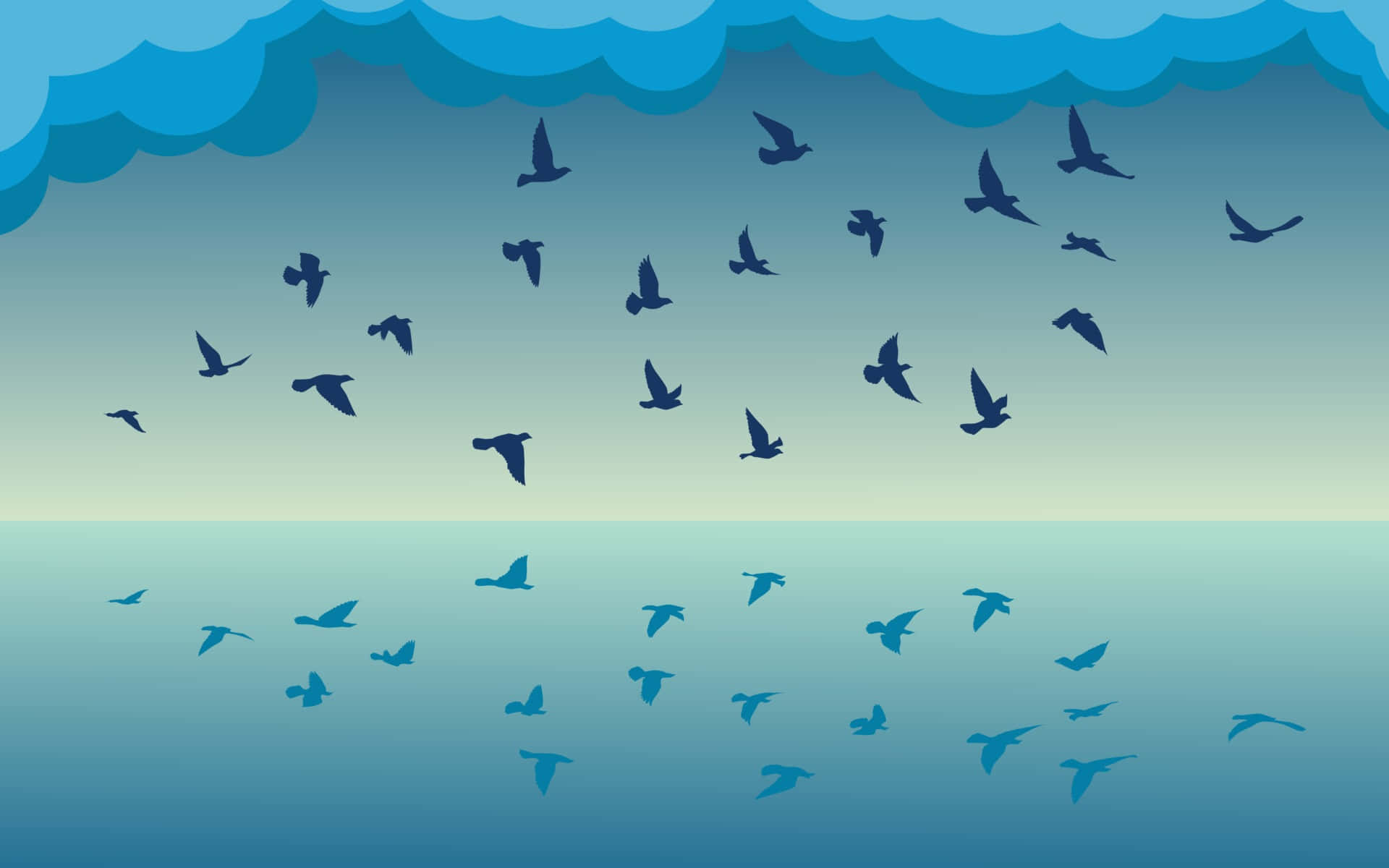birds 桌布 壁紙 — 剪影鳥兒在寧靜的漸變天空中翱翔，天空倒映在平靜的水面上，下方是風格化的雲朵。