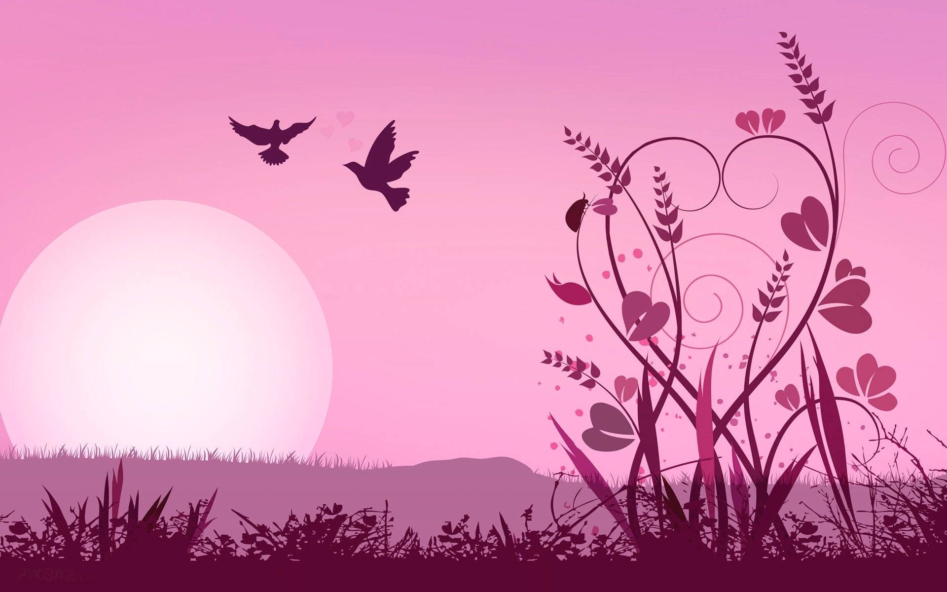 birds 桌布 壁紙 — 剪影鳥兒在風格化的粉紅色日落上空翱翔，下方是長滿青草的山丘，帶有心形花卉漩渦。