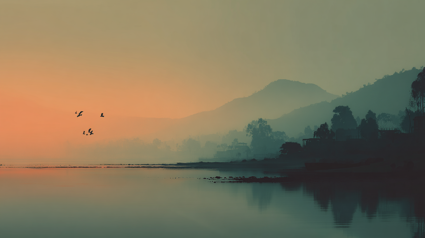 Calming Aesthetic 桌布 壁紙 — 剪影鳥兒在黎明時分飛過霧氣瀰漫的湖泊，背景是朦朧的山巒和樹木。