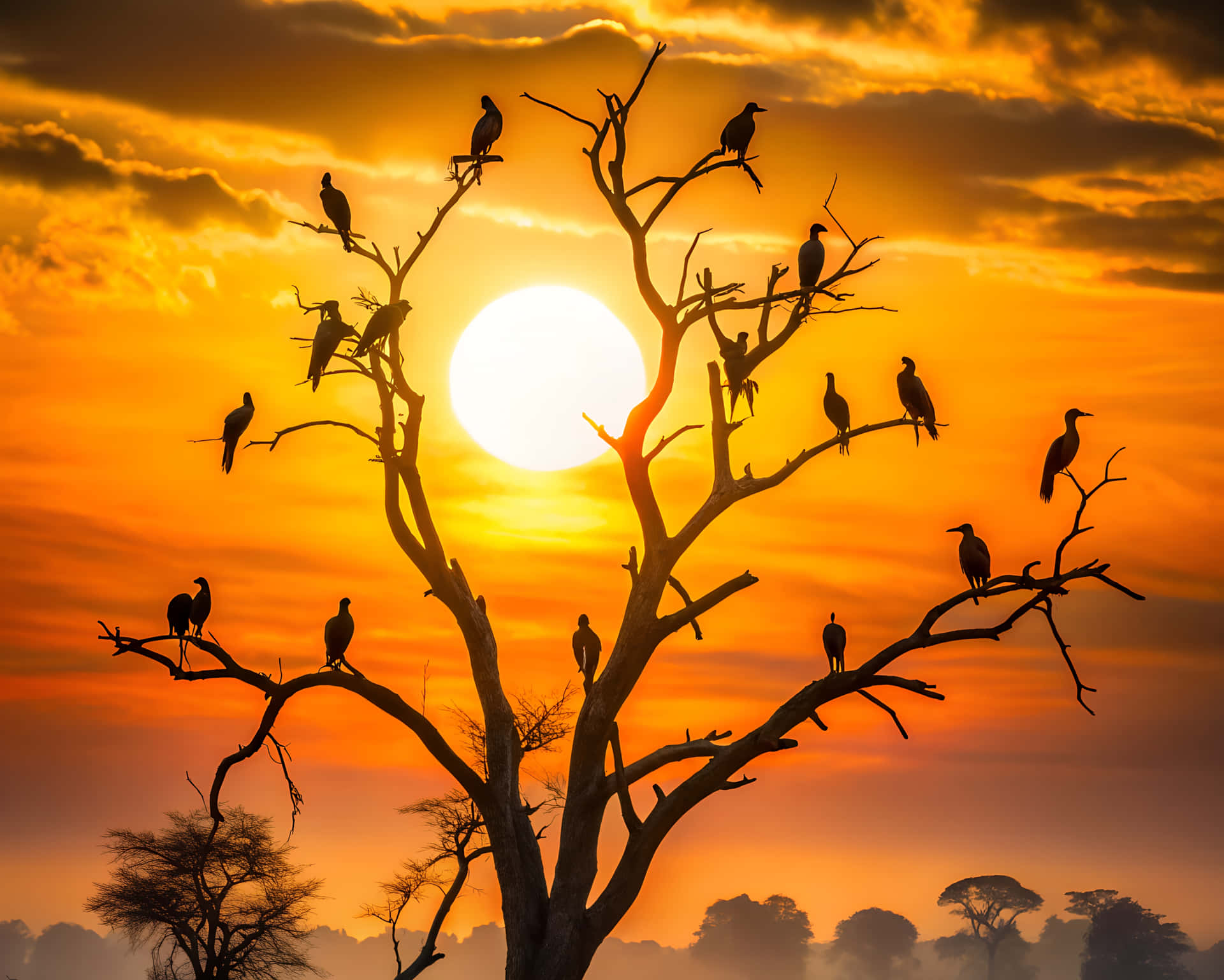 Birds on a tree branch with a sunset background 壁紙 — 剪影鳥兒棲息在光禿禿的樹枝上，背景是充滿活力的橙色日落和發光的太陽。