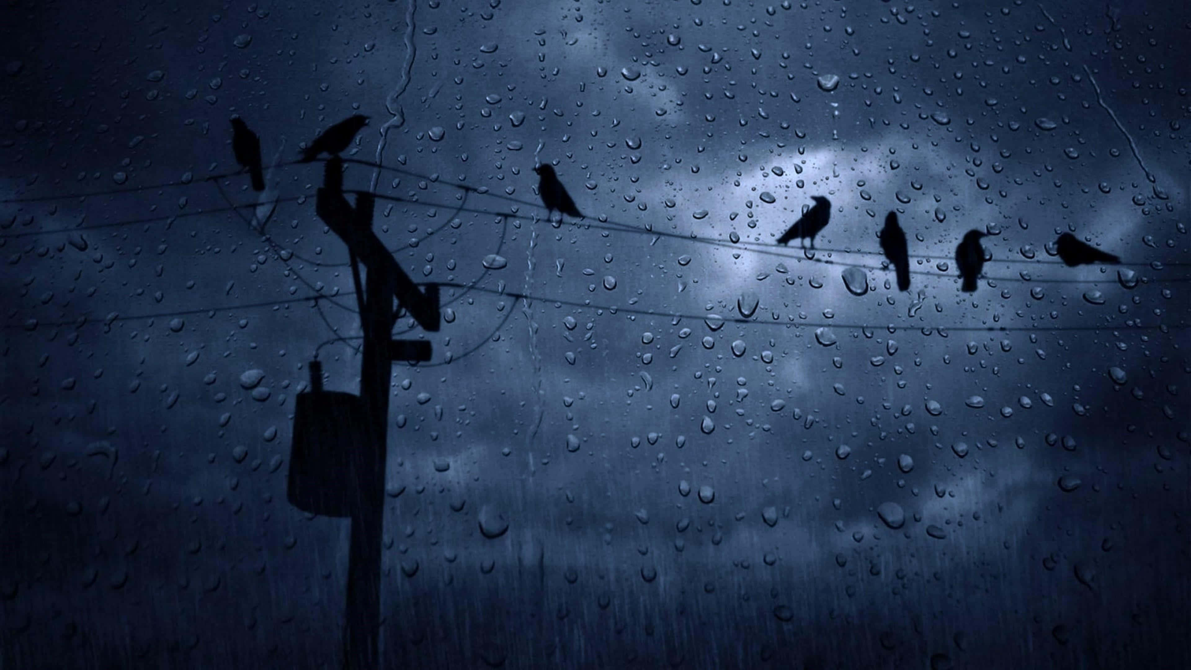 下雨 桌布 壁紙 — 剪影鳥兒棲息在濕滑的電線上，背景是暴風雨的夜空，透過沾滿水珠的窗戶觀看。