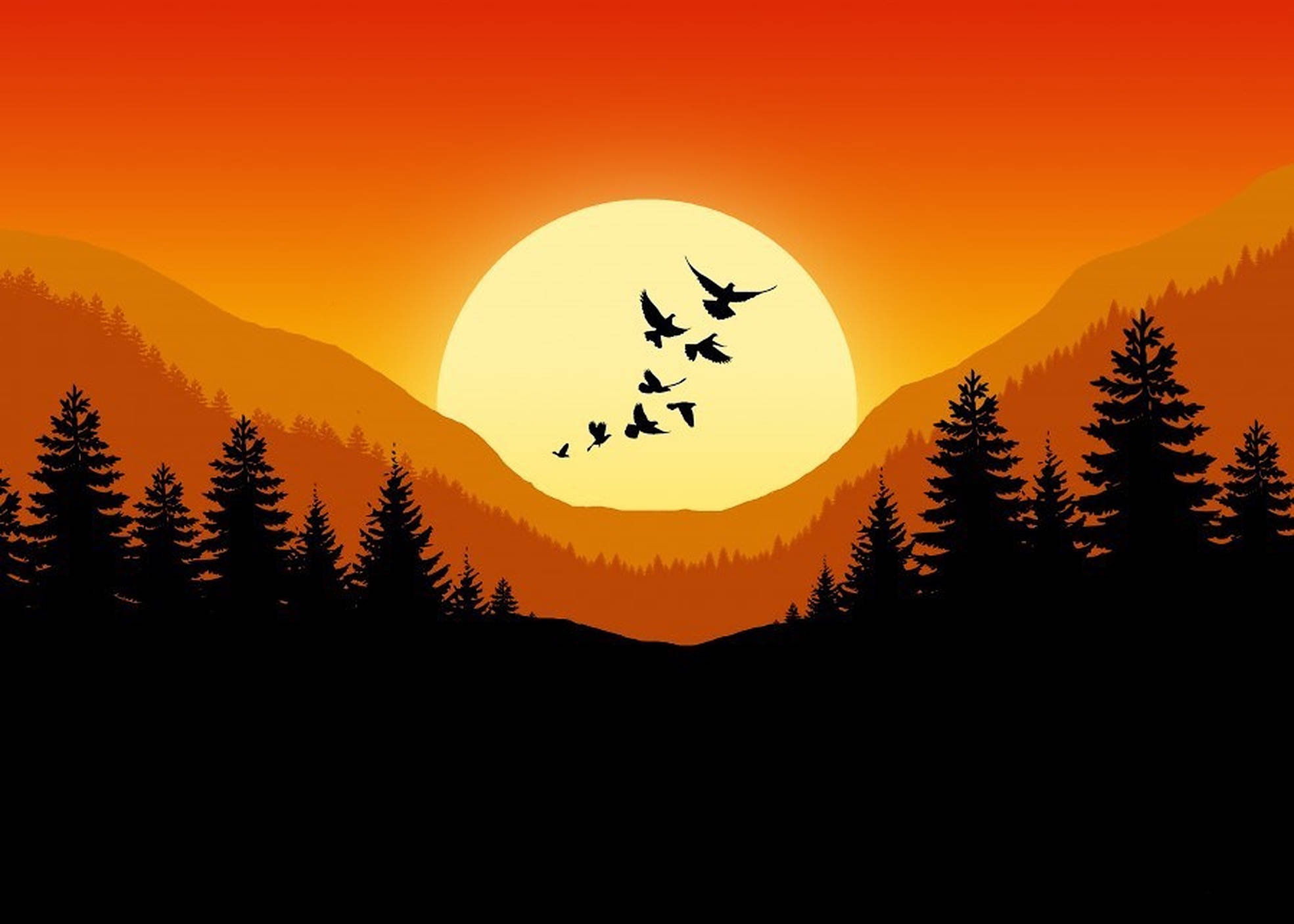 夕陽天空 桌布 壁紙 — 剪影鳥群飛過發光的橙色太陽，太陽落在山脊和松樹後面。