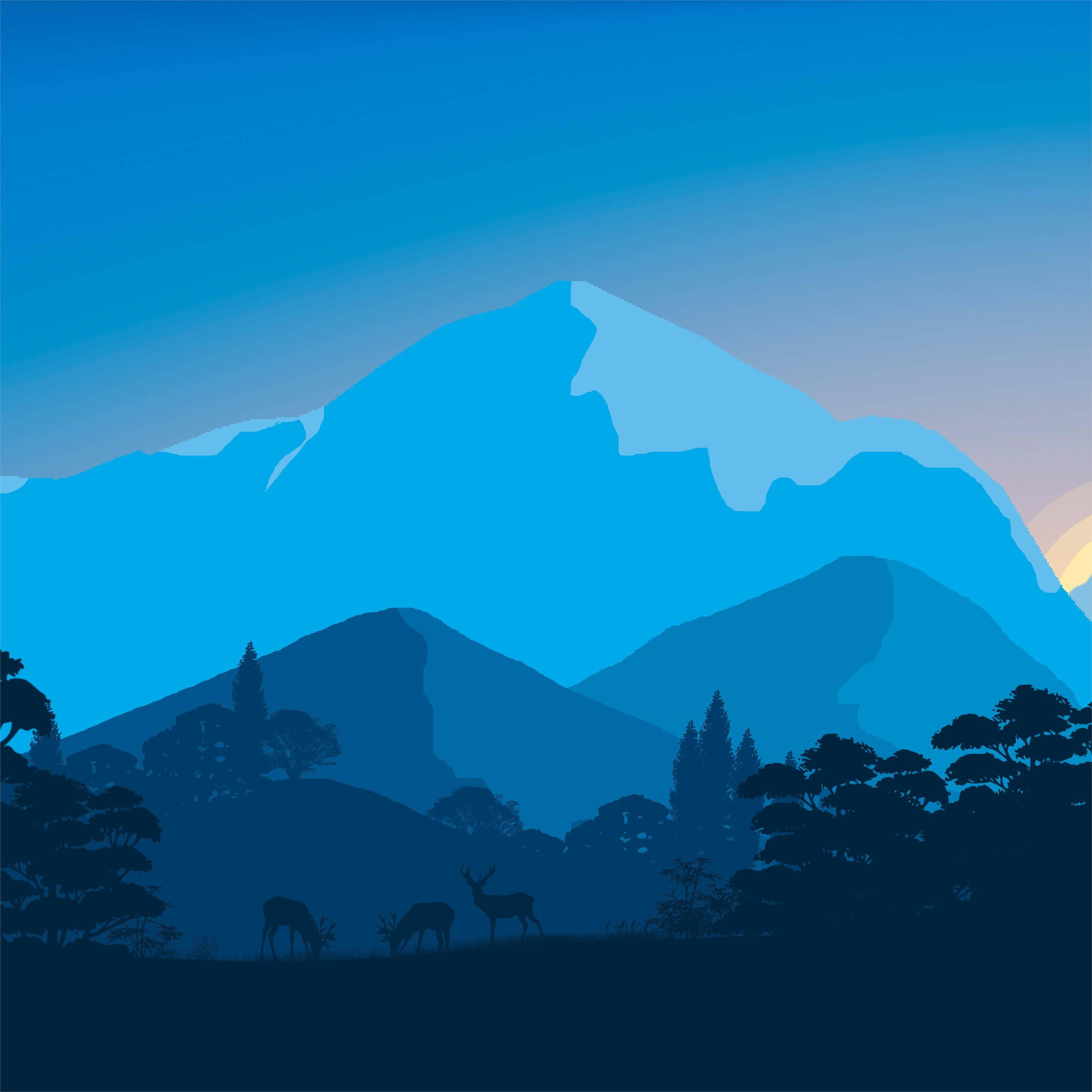 山景 桌布 壁紙 — 剪影鹿在沐浴在暮光藍色調中的雄偉山脈前吃草。