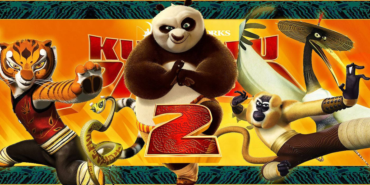 電影動圖 桌布 壁紙 — 《功夫熊貓2》電影海報，阿波、悍嬌虎、靈蛇、金猴在火橙色背景上擺出動感武術姿勢。