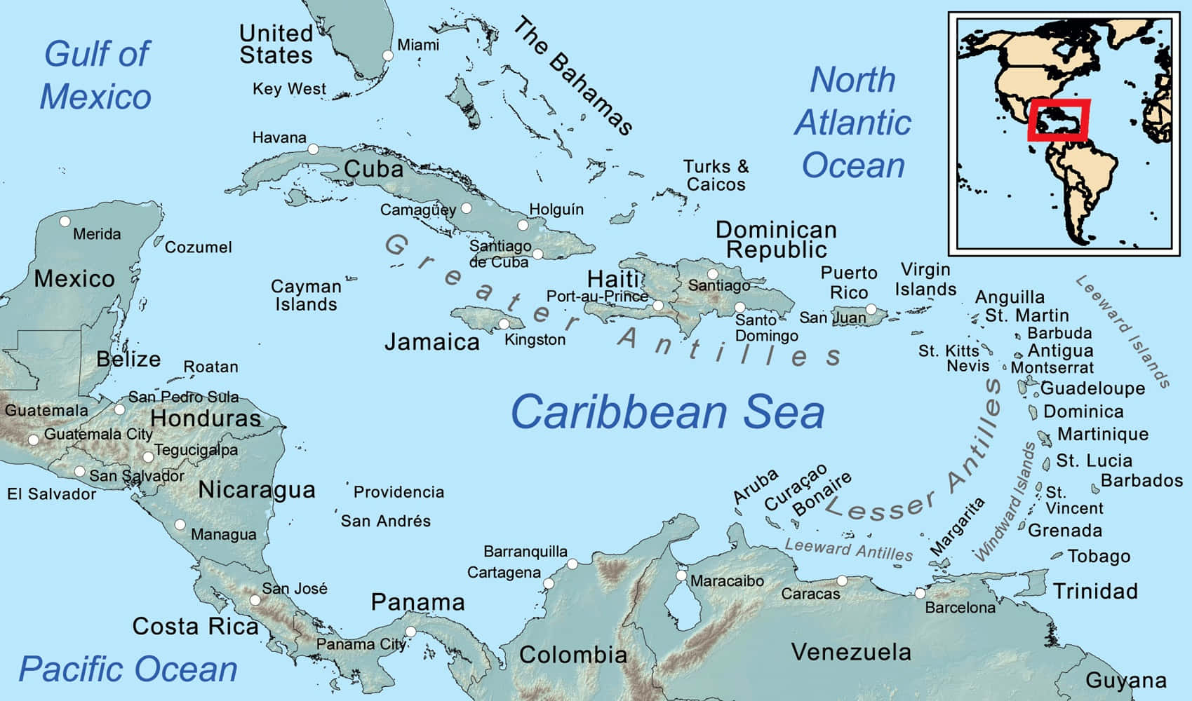 Caribbean 桌布 壁紙 — 加勒比海的詳細地圖，顯示島嶼國家及周邊水域，並標註城市和海洋。