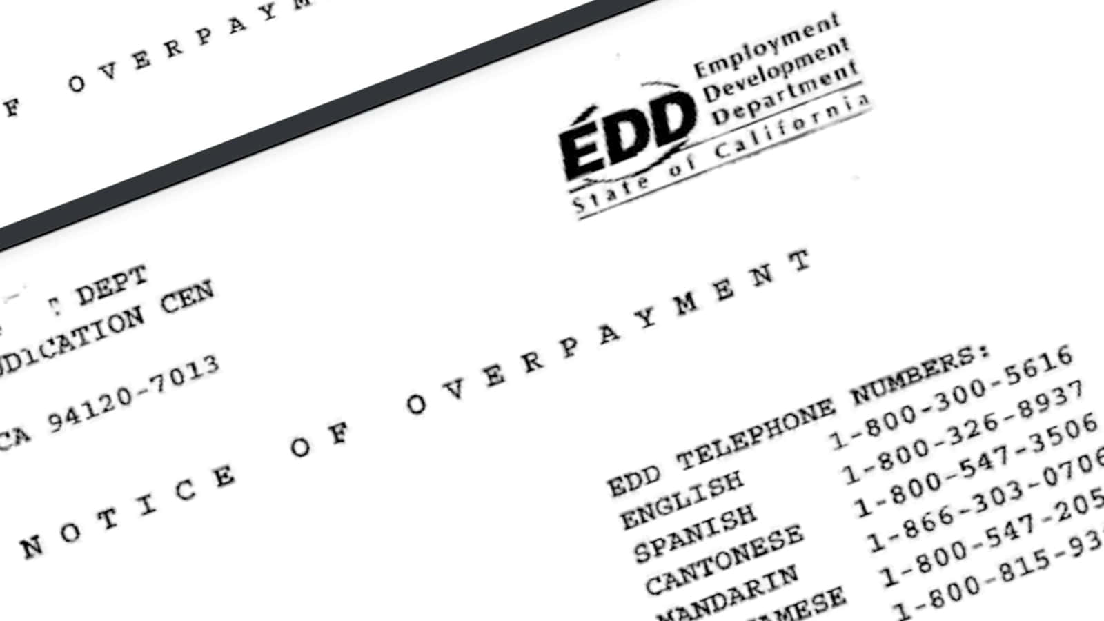statement 桌布 壁紙 — 加州黑白EDD超額付款通知特寫，附有多種語言的聯絡電話。