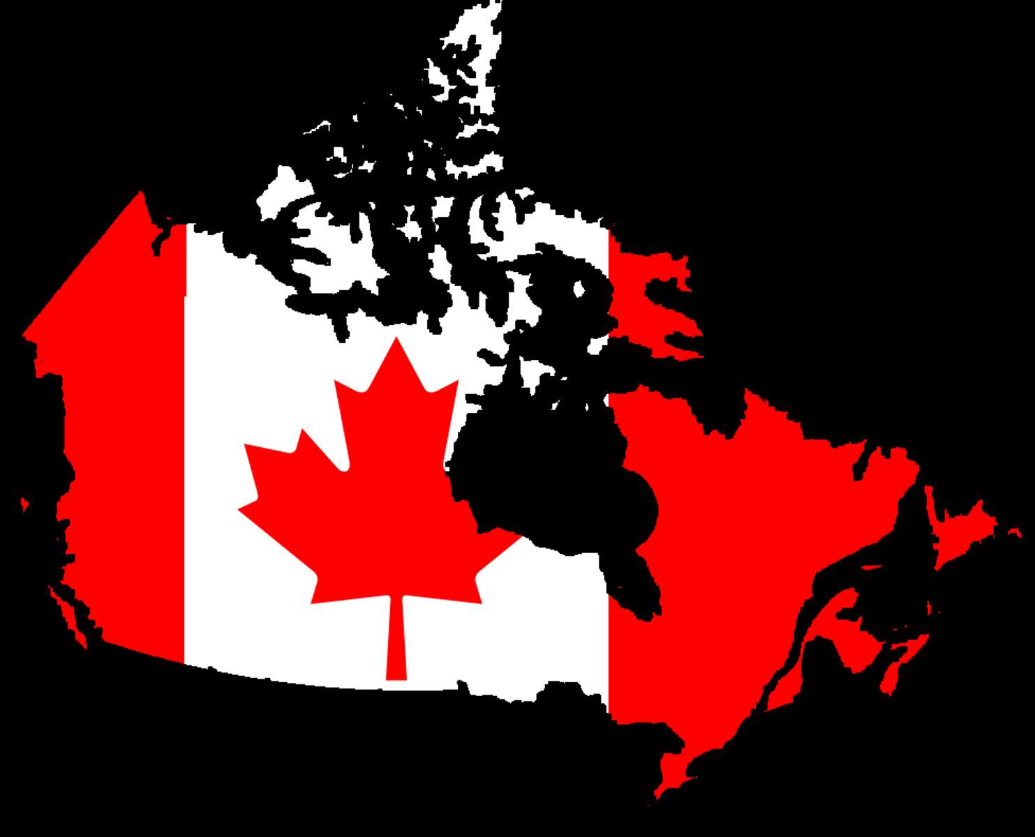 Canada Flag 桌布 壁紙 — 加拿大地圖輪廓，以紅白加拿大國旗設計填充，黑色背景。