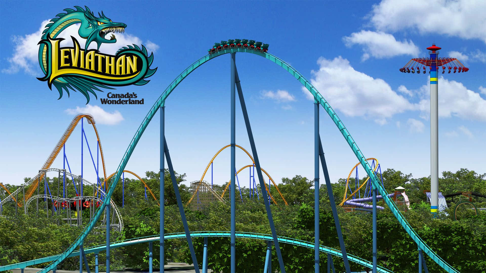 Roller Coaster 桌布 壁紙 — 加拿大奇幻樂園中高聳的青綠色 Leviathan 雲霄飛車，在藍天白雲下翱翔。