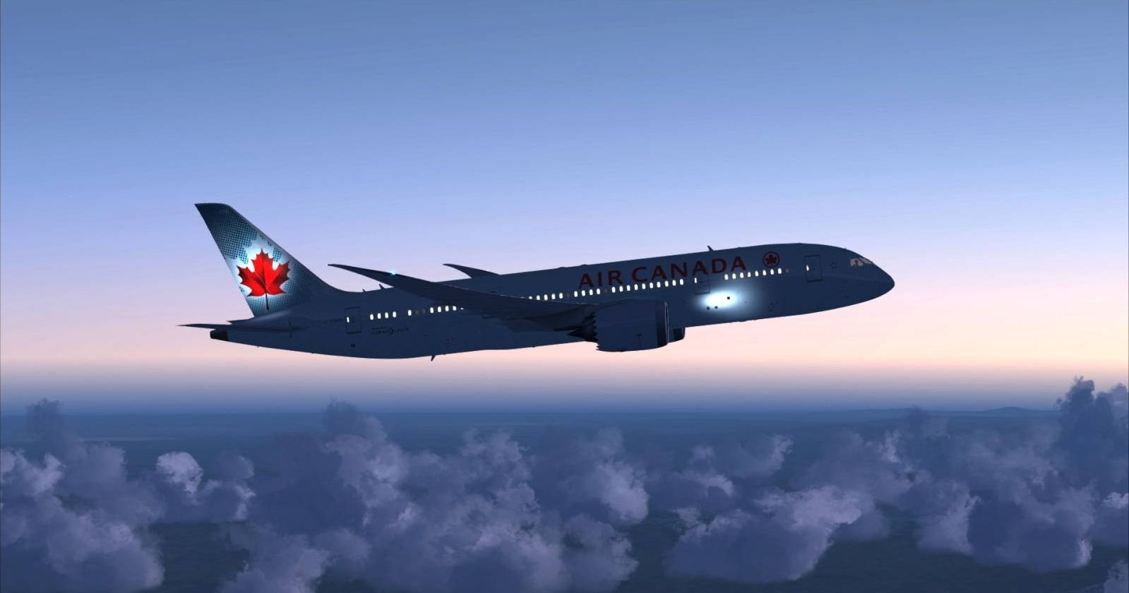 飛機 桌布 壁紙 — 加拿大航空飛機在暮色中滑翔於蓬鬆雲層之上，天空呈現柔和的藍色和粉紅色。