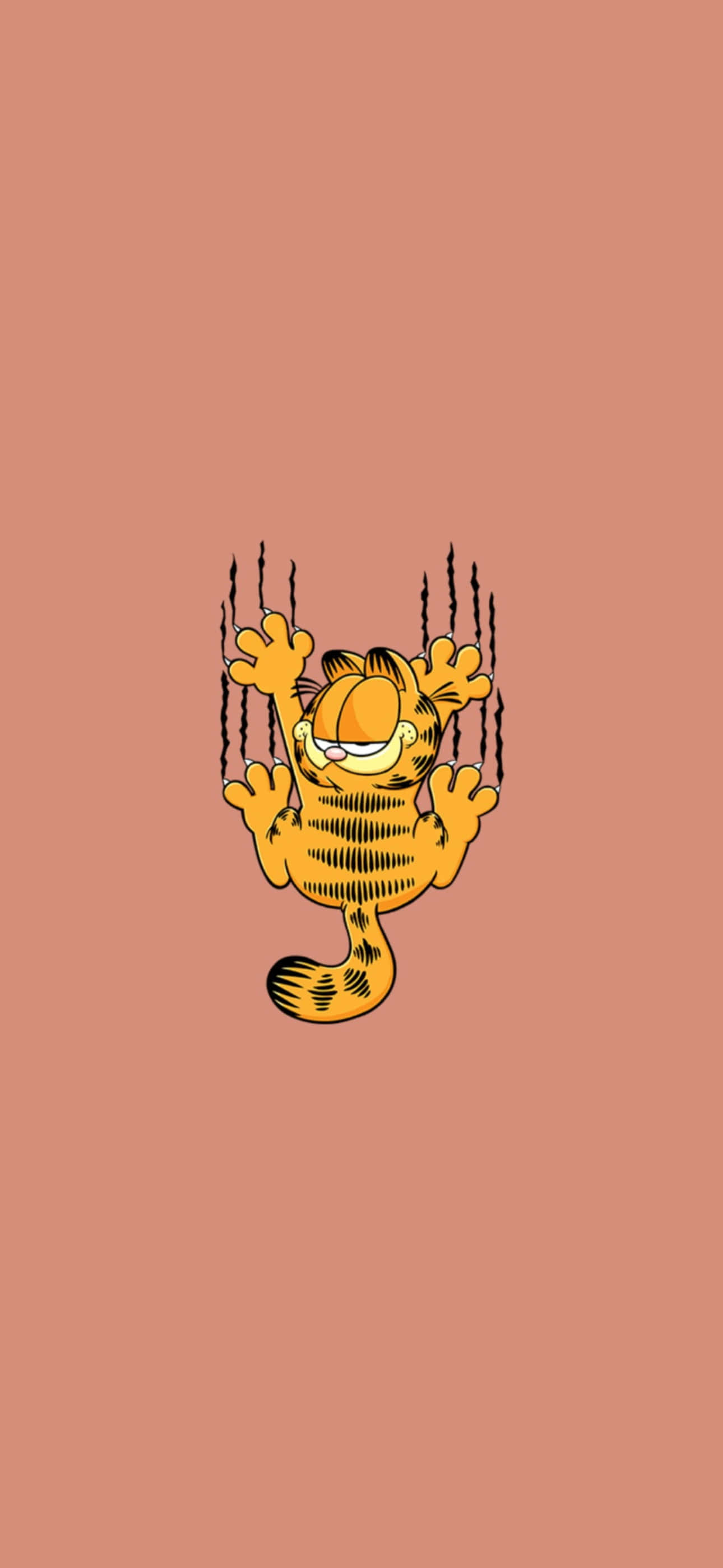 Cartoon Aesthetic iPhone 桌布 壁紙 — 加菲貓卡通貓在純蜜桃色背景上快樂地抓撓看不見的欄杆。