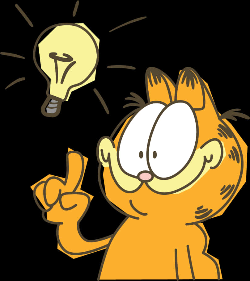 Light Bulb Idea 桌布 壁紙 — 加菲貓卡通貓微笑並指向他頭頂上方發光的燈泡，背景為黑色。