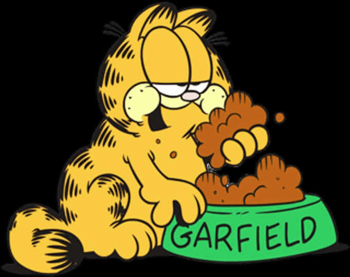 Comics 桌布 壁紙 — 加菲貓橙色貓咪在黑色背景上貪婪地從標有 GARFIELD 的綠色碗中進食。